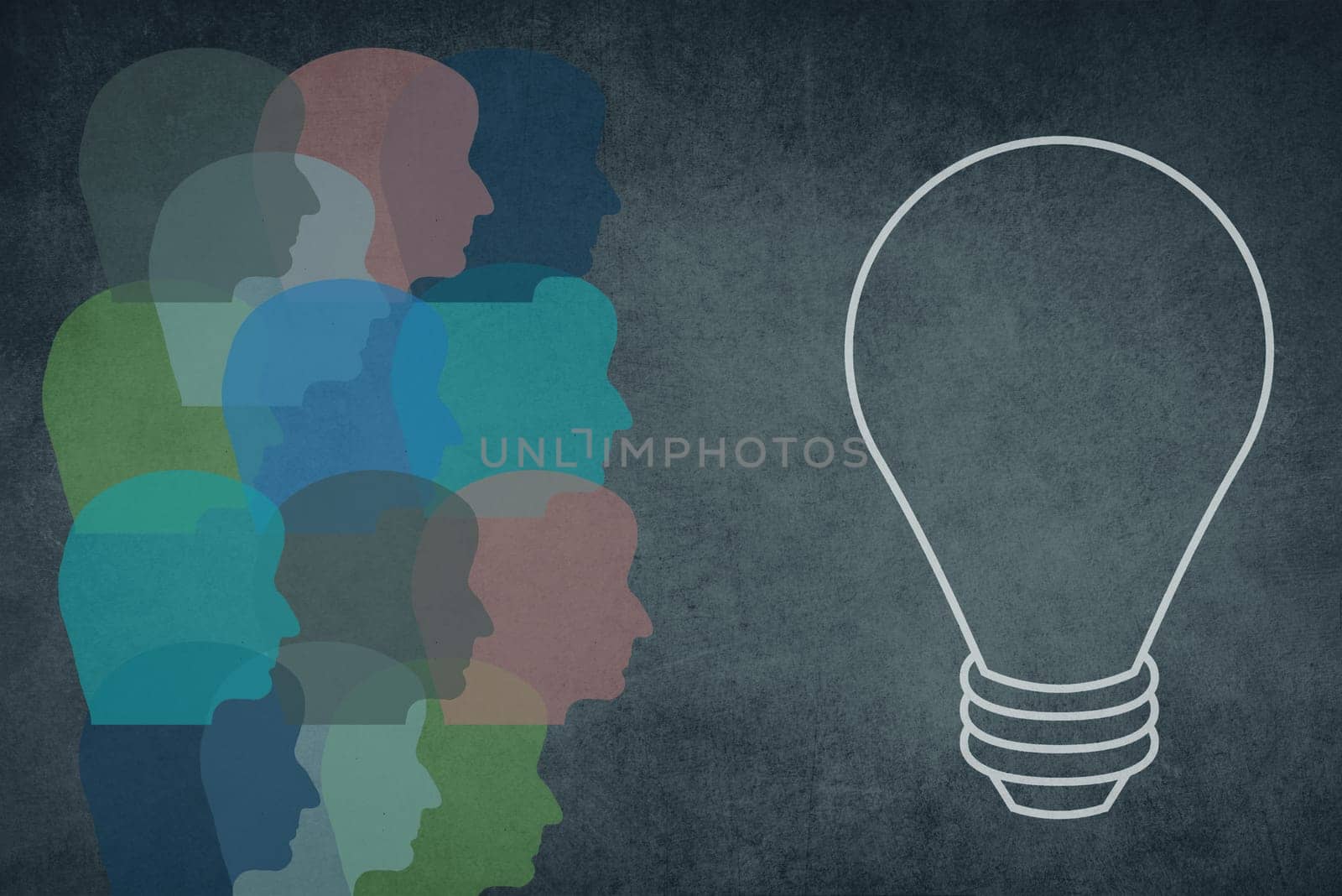 Silhouette of a face with a lightbulb, textured background, empty copy space for text