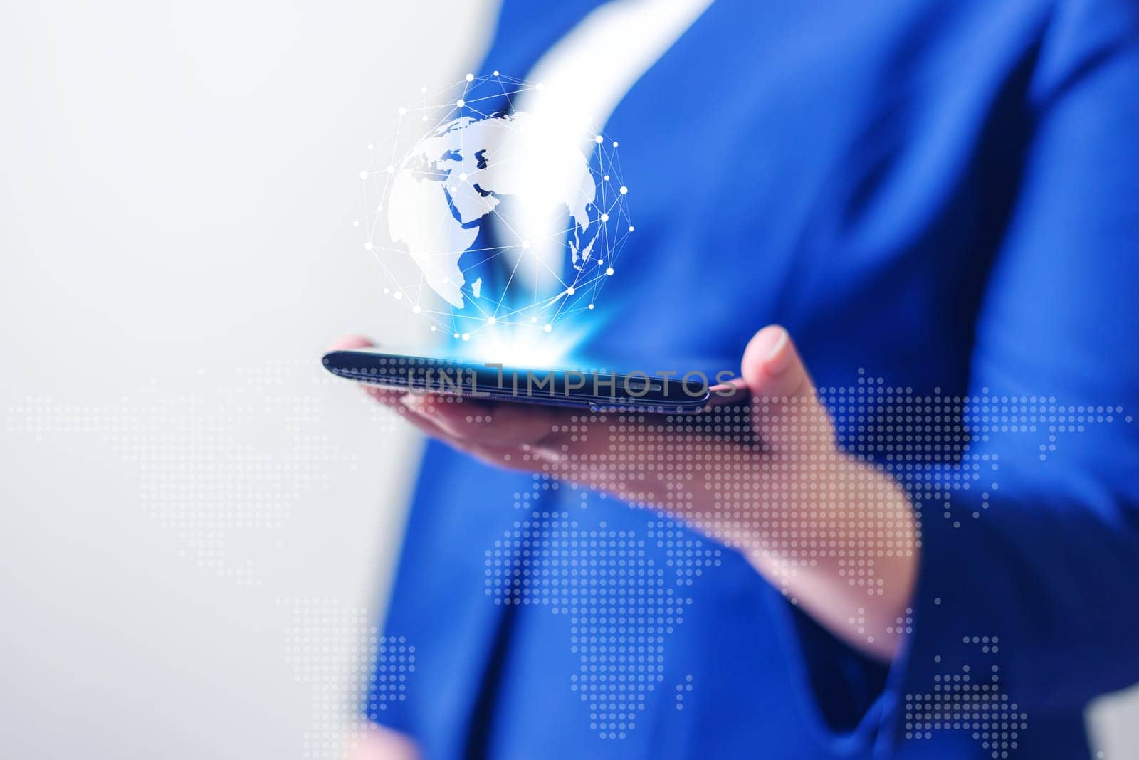 Business women with laptop on blurred background, Technology people connection network concept