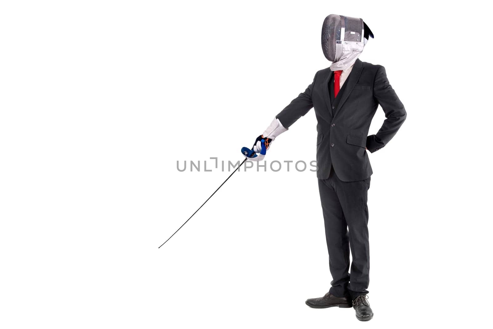 Male fencer businessman, ready for a duel isolated in white background