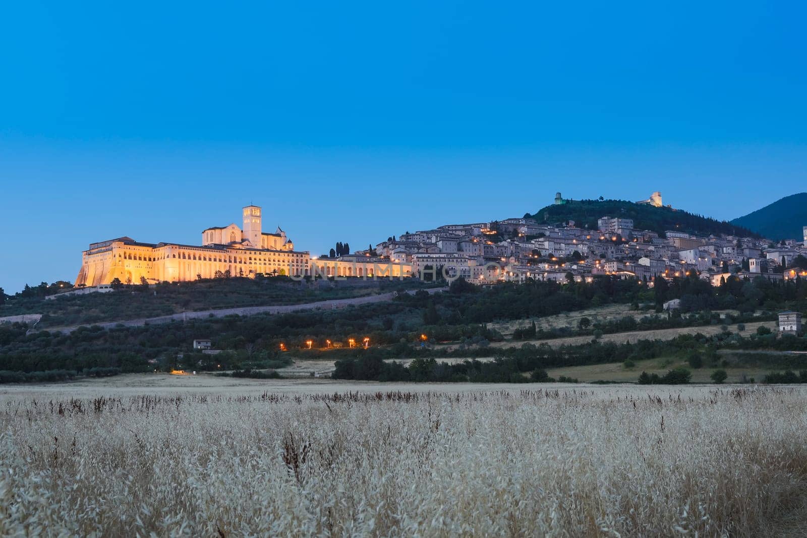 Assisi Basilica by night in Umbria region, Italy. The town is famous for the most important Italian St. Francis Basilica (Basilica di San Francesco)