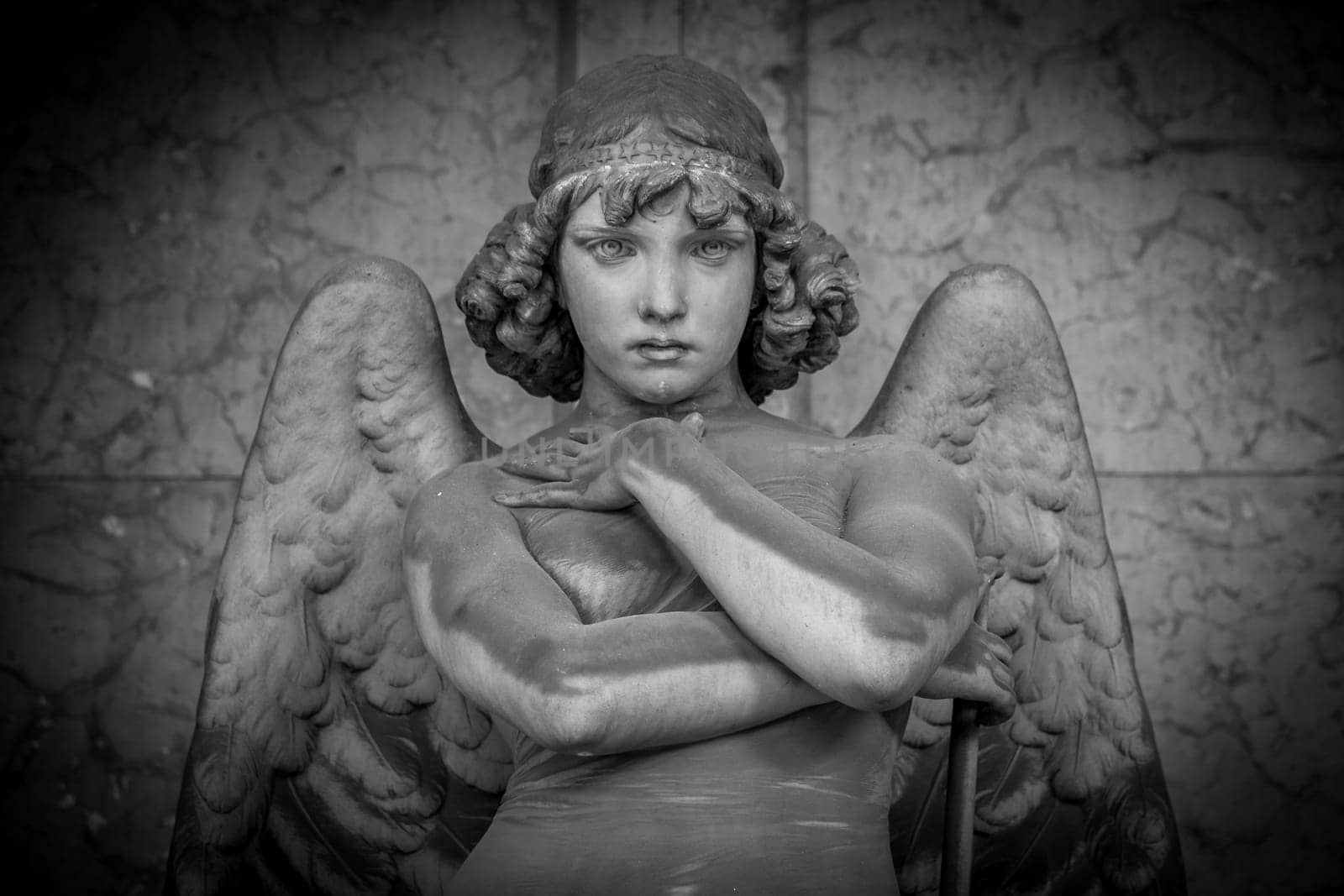GENOA, ITALY - CIRCA AUGUST 2020: Angel sculpture by Giulio Monteverde for the Oneto family monument in Staglieno Cemetery, Genoa - Italy (1882)