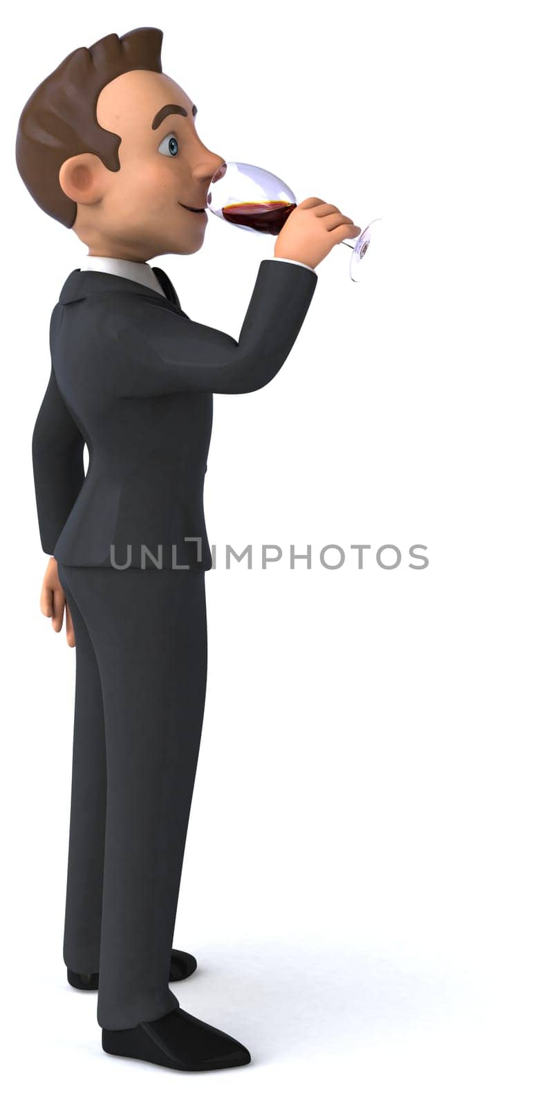 Fun 3D illustration of a cartoon character with a glass of wine