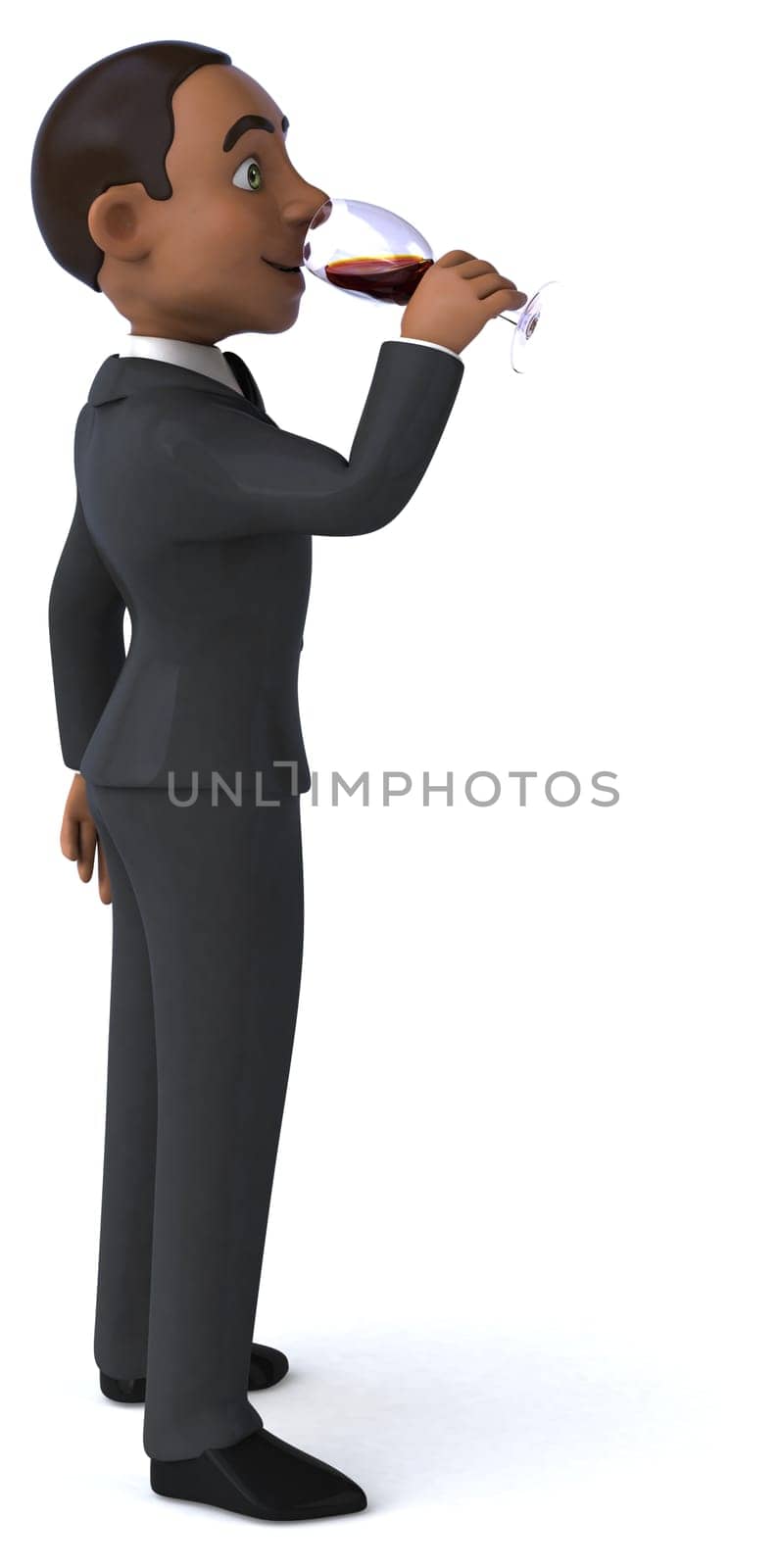 Fun 3D illustration of a cartoon character with a glass of wine