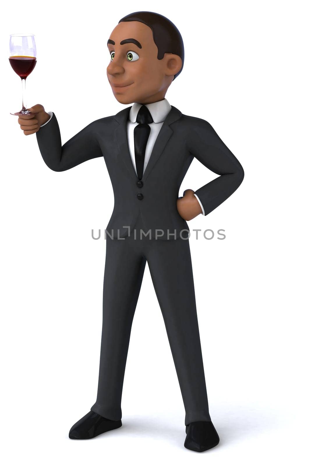 Fun 3D illustration of a cartoon character with a glass of wine