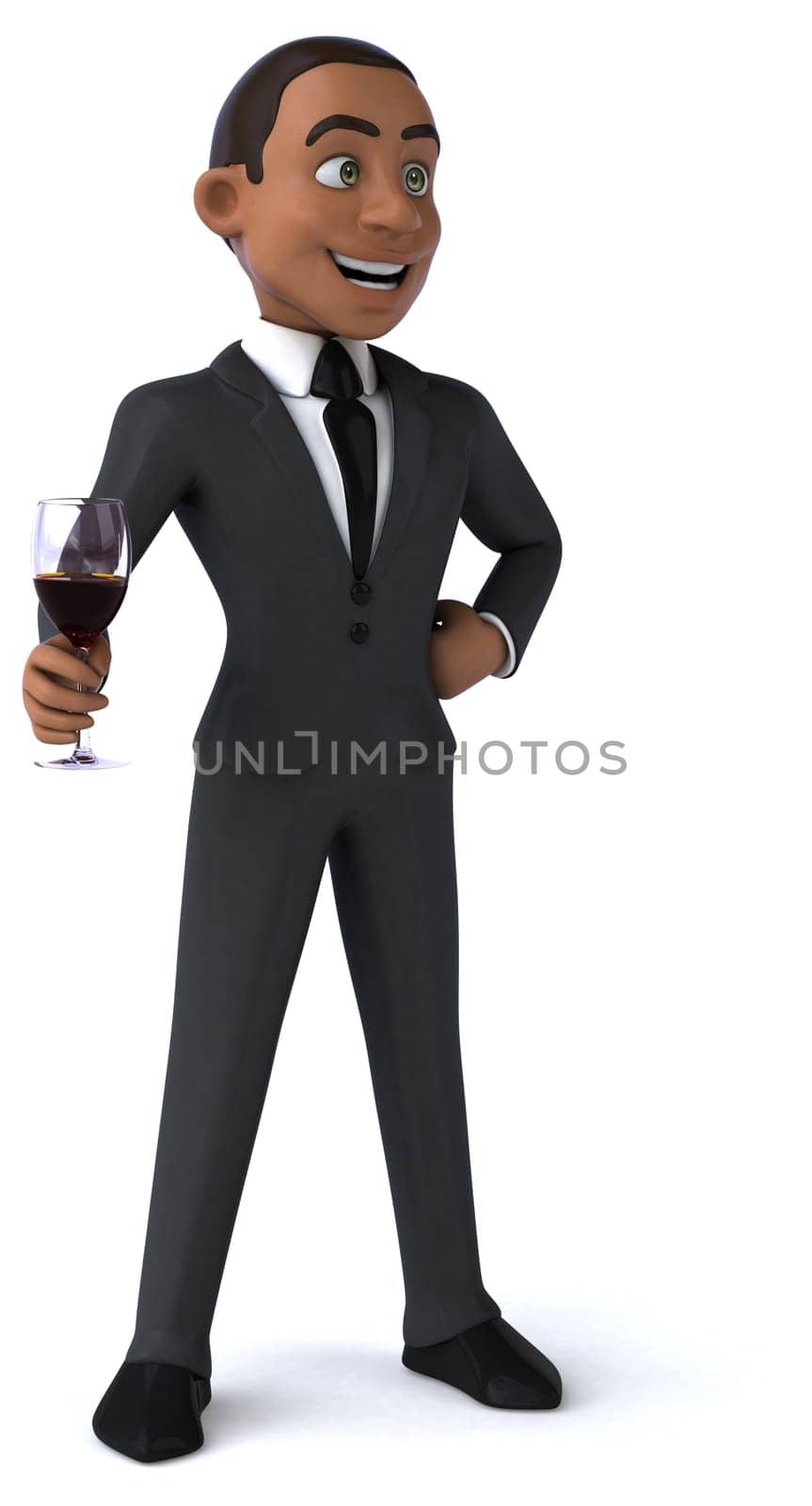 Fun 3D illustration of a cartoon character with a glass of wine