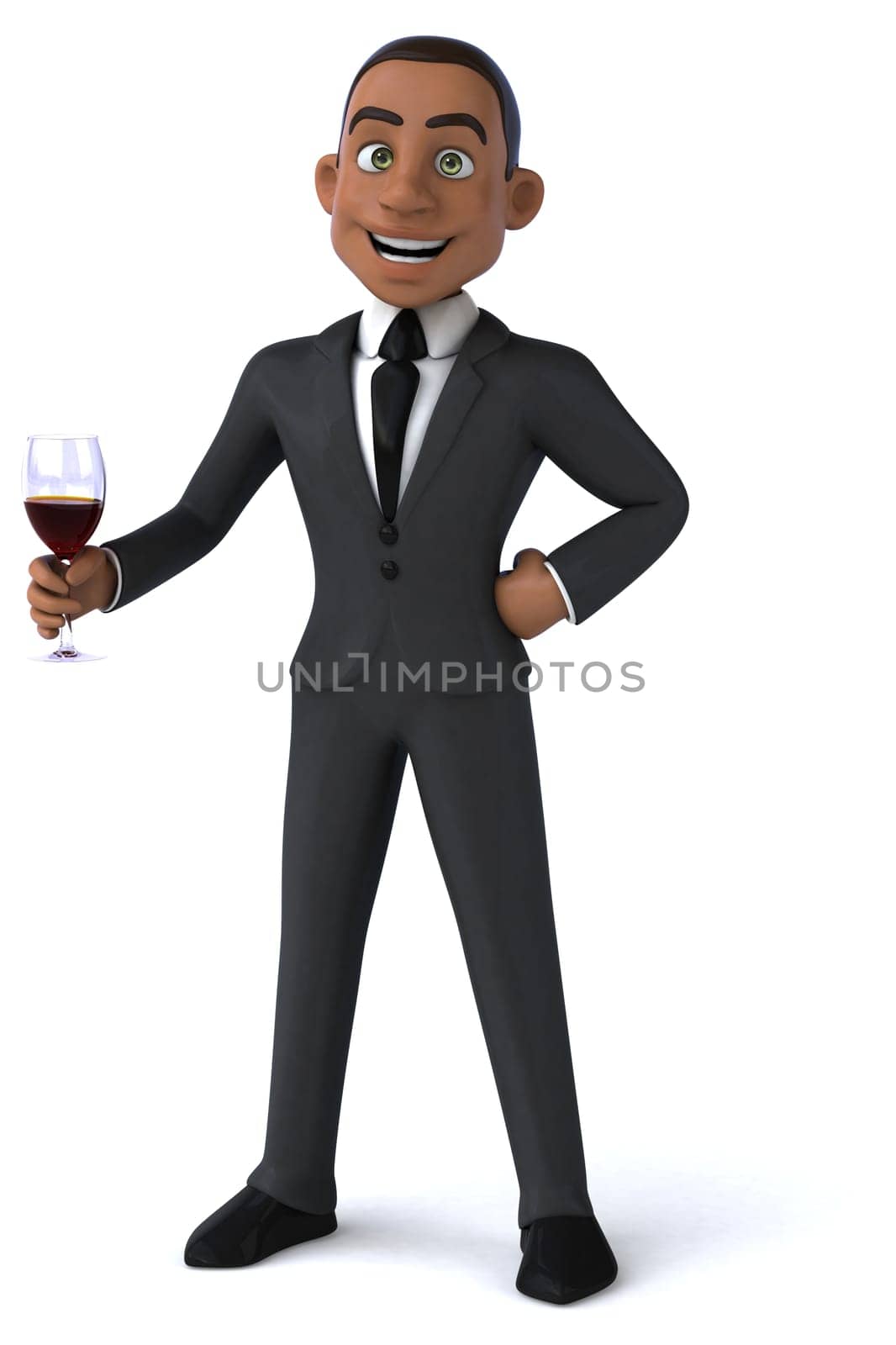 Fun 3D illustration of a cartoon character with a glass of wine