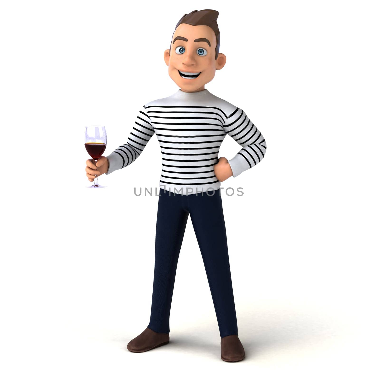 Fun 3D illustration of a cartoon character with a glass of wine