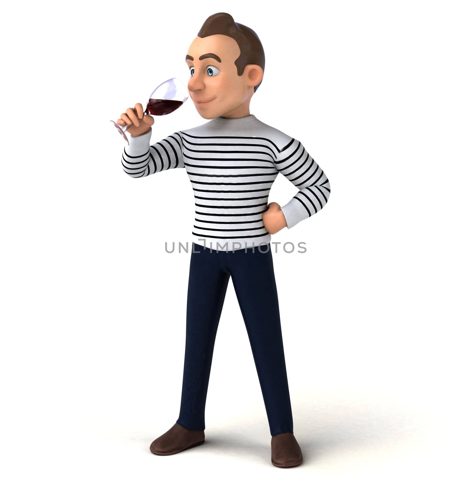 Fun 3D illustration of a cartoon character with a glass of wine