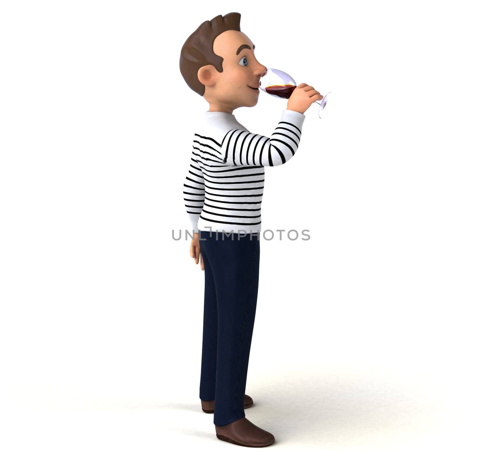 Fun 3D illustration of a cartoon character with a glass of wine