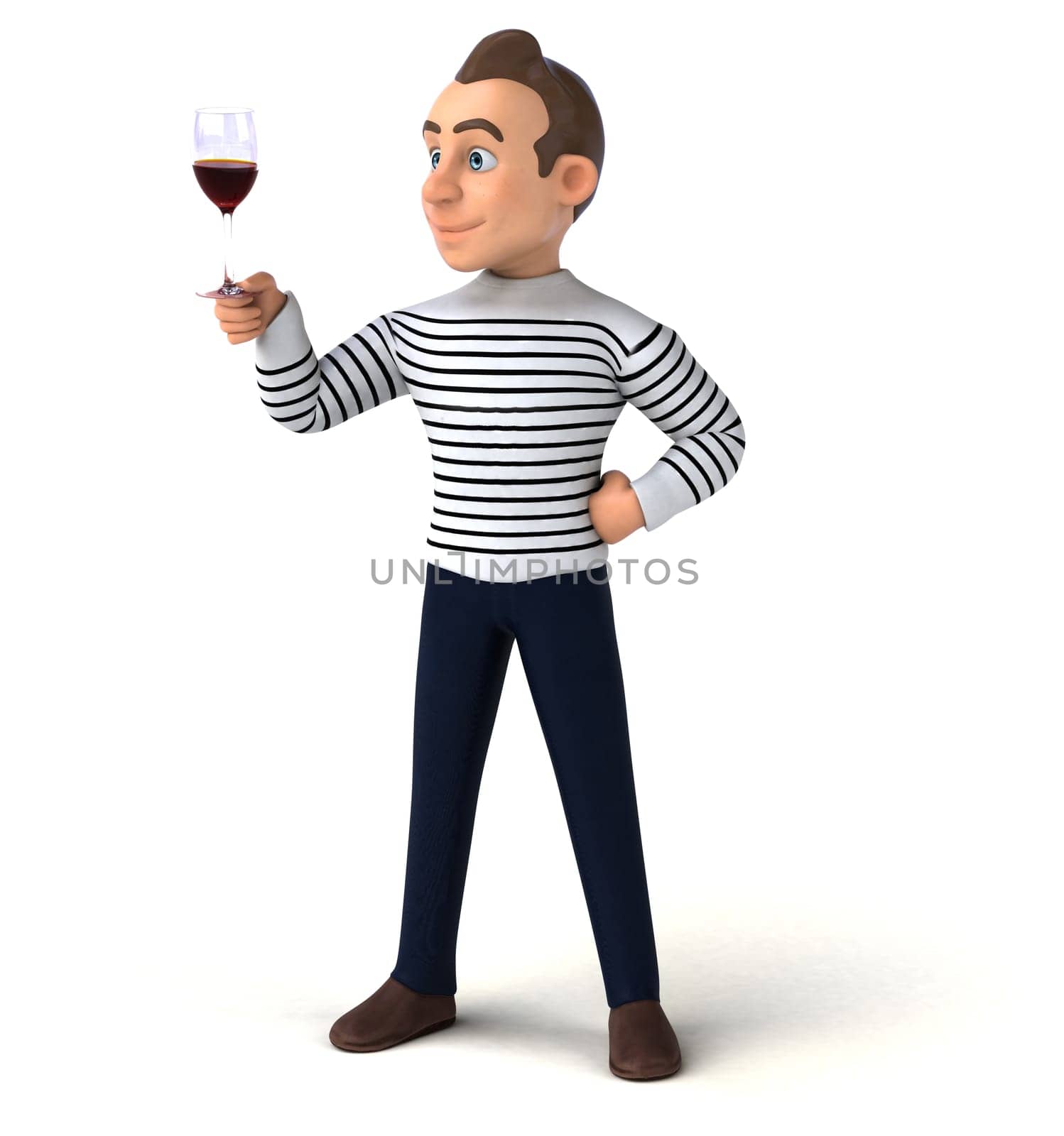 Fun 3D illustration of a cartoon character with a glass of wine