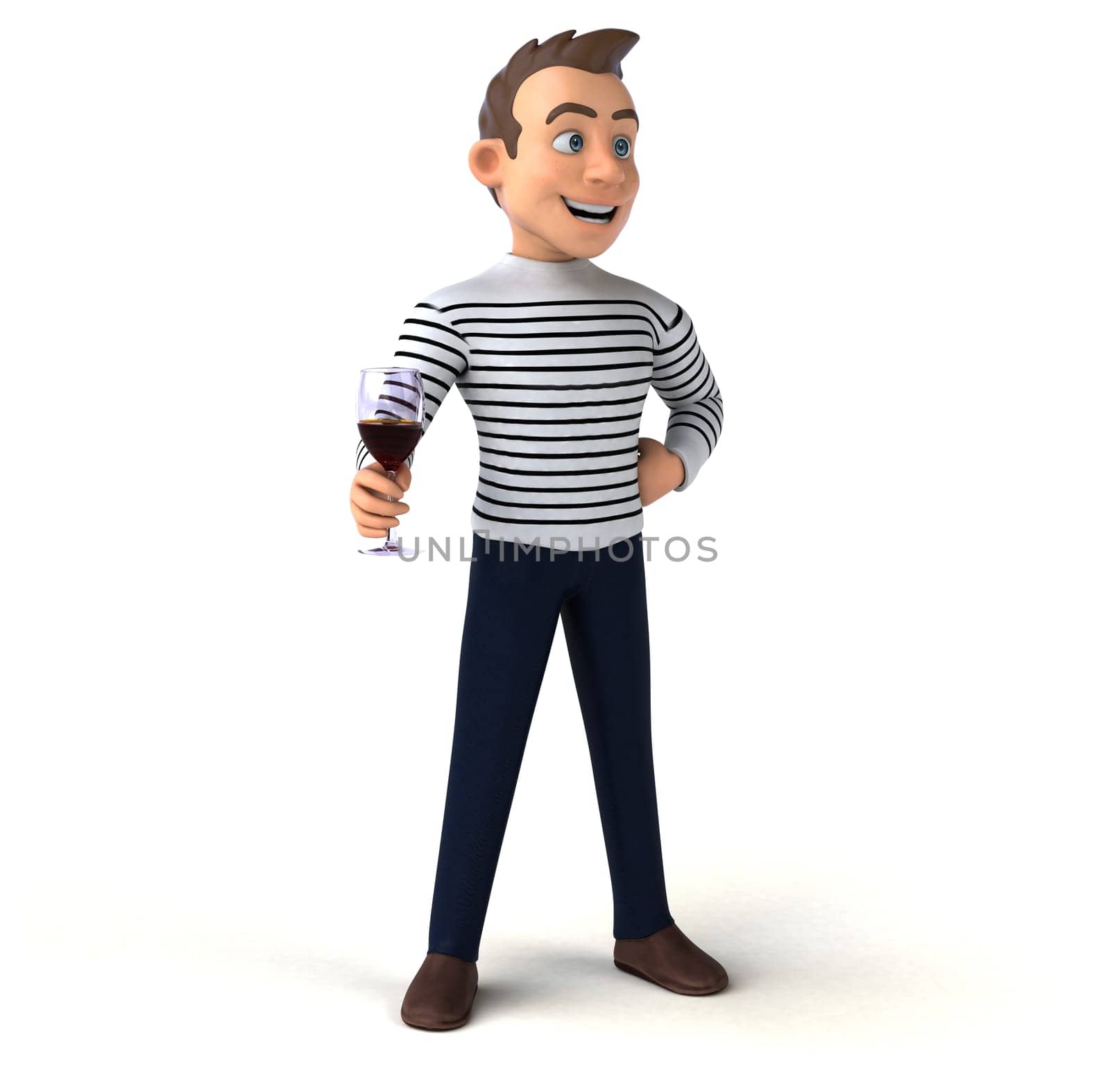 Fun 3D illustration of a cartoon character with a glass of wine