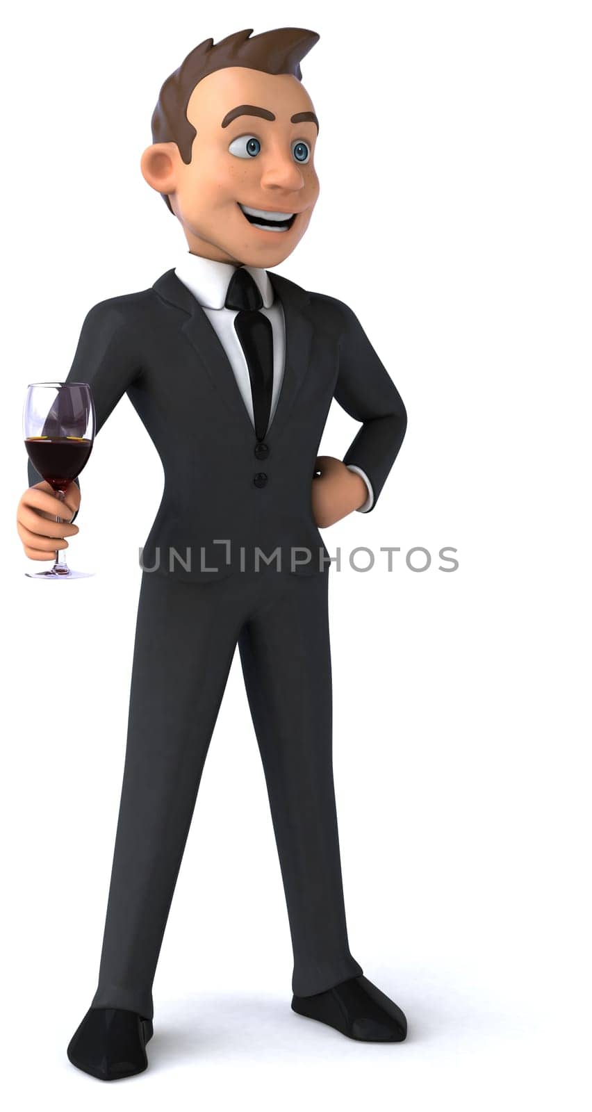 Fun 3D illustration of a cartoon character with a glass of wine