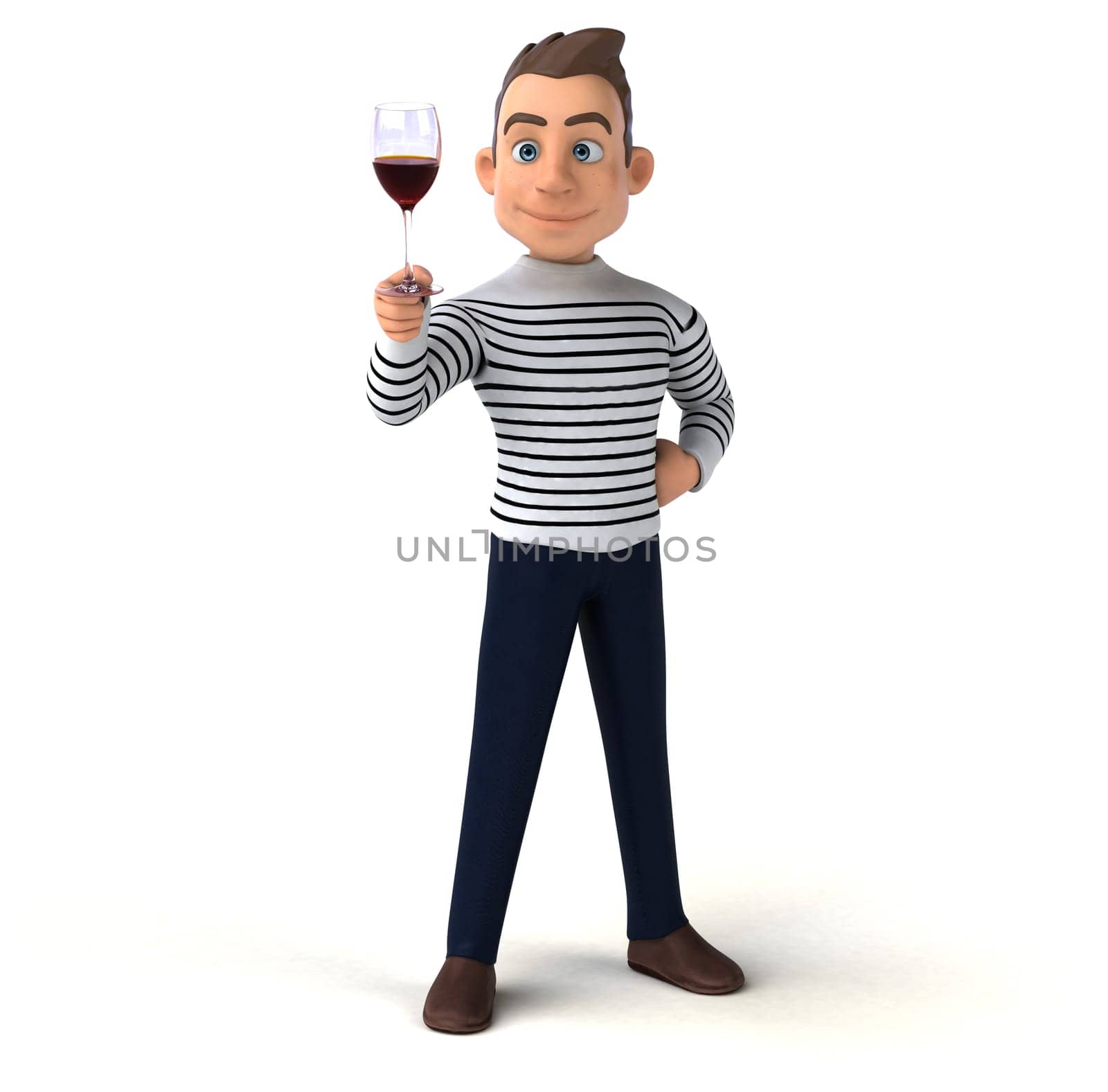 Fun 3D illustration of a cartoon character with a glass of wine