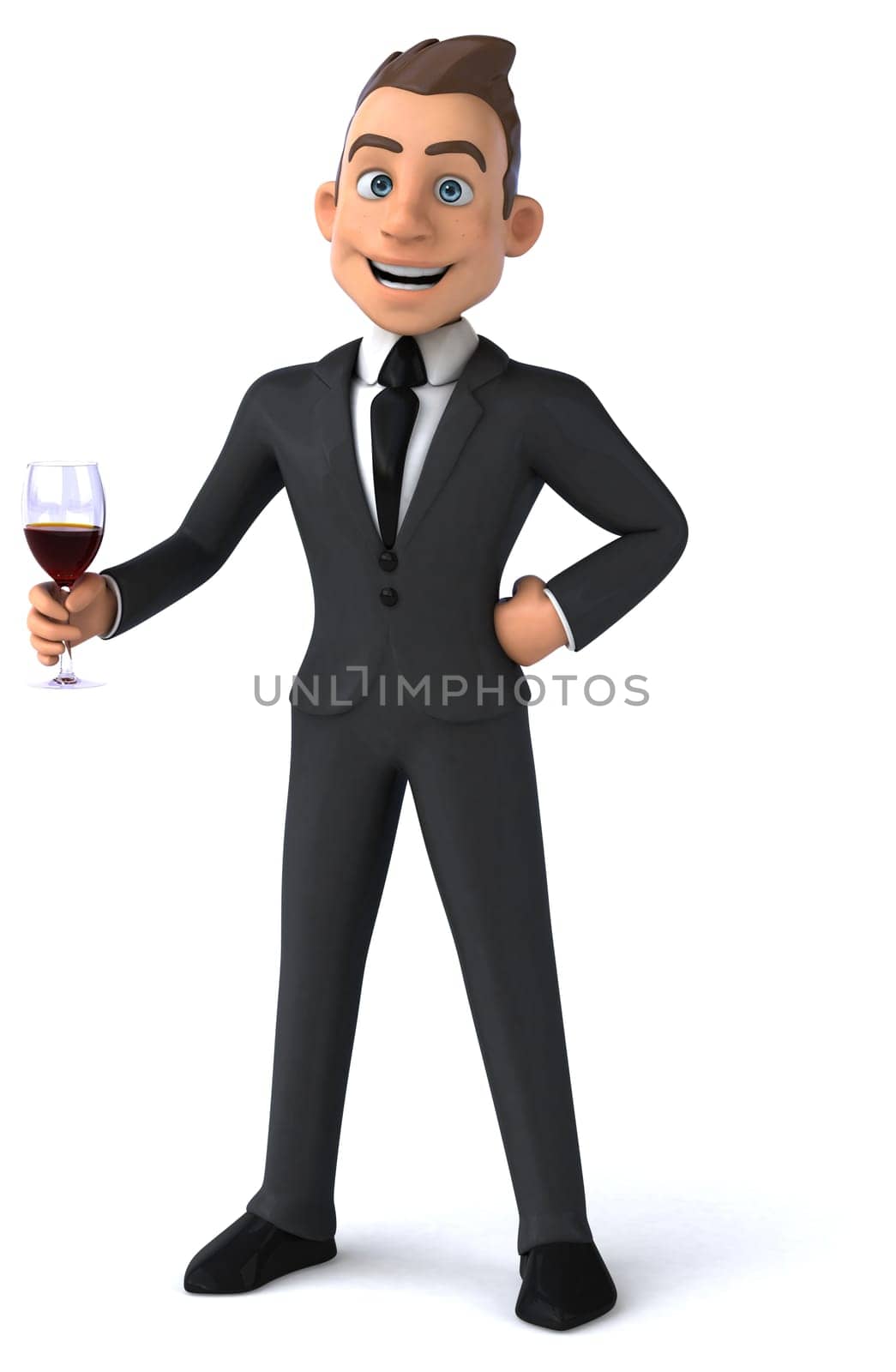 Fun 3D illustration of a cartoon character with a glass of wine
