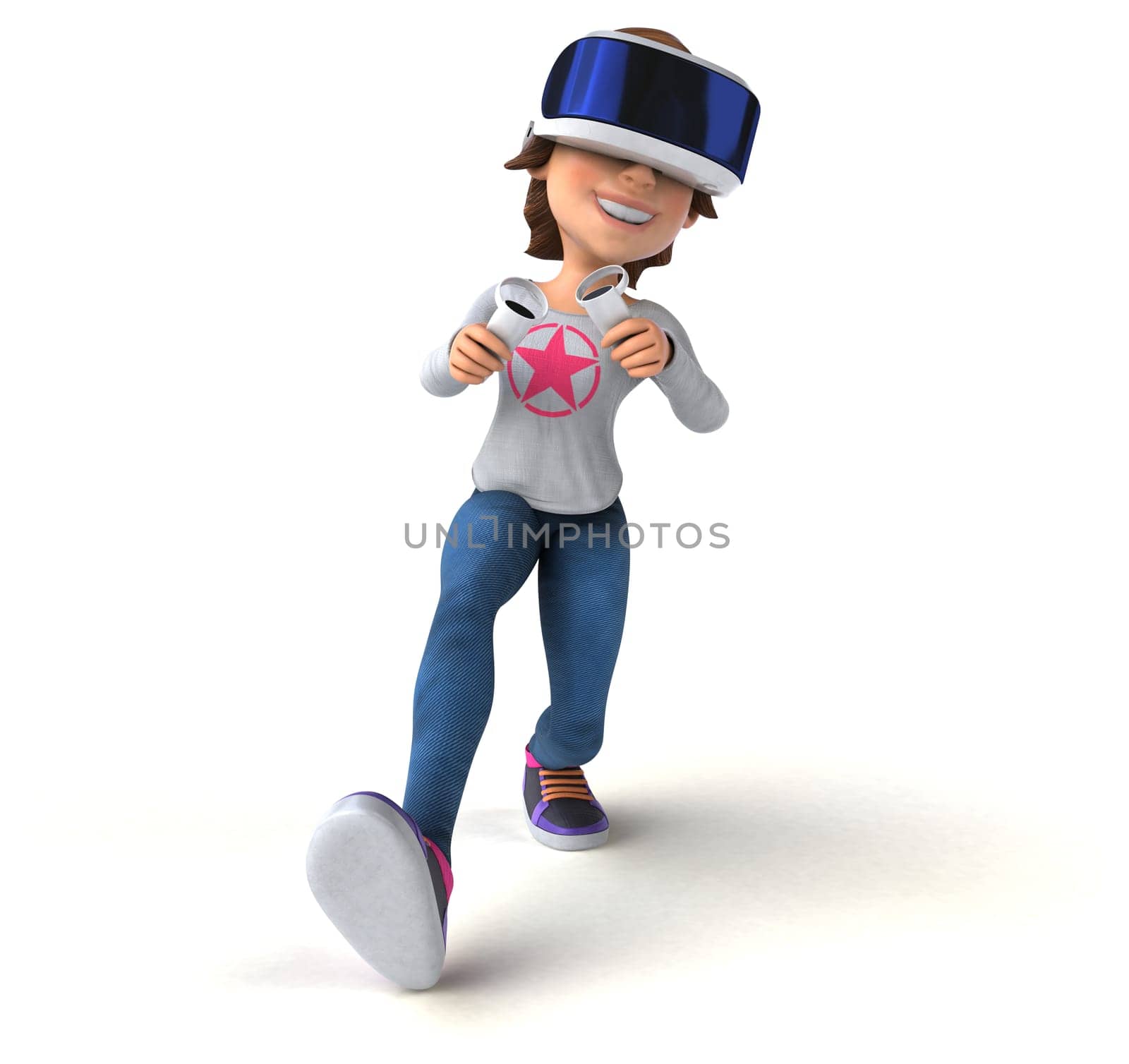 Fun 3D Illustration of a teenage girl with a VR Helmet