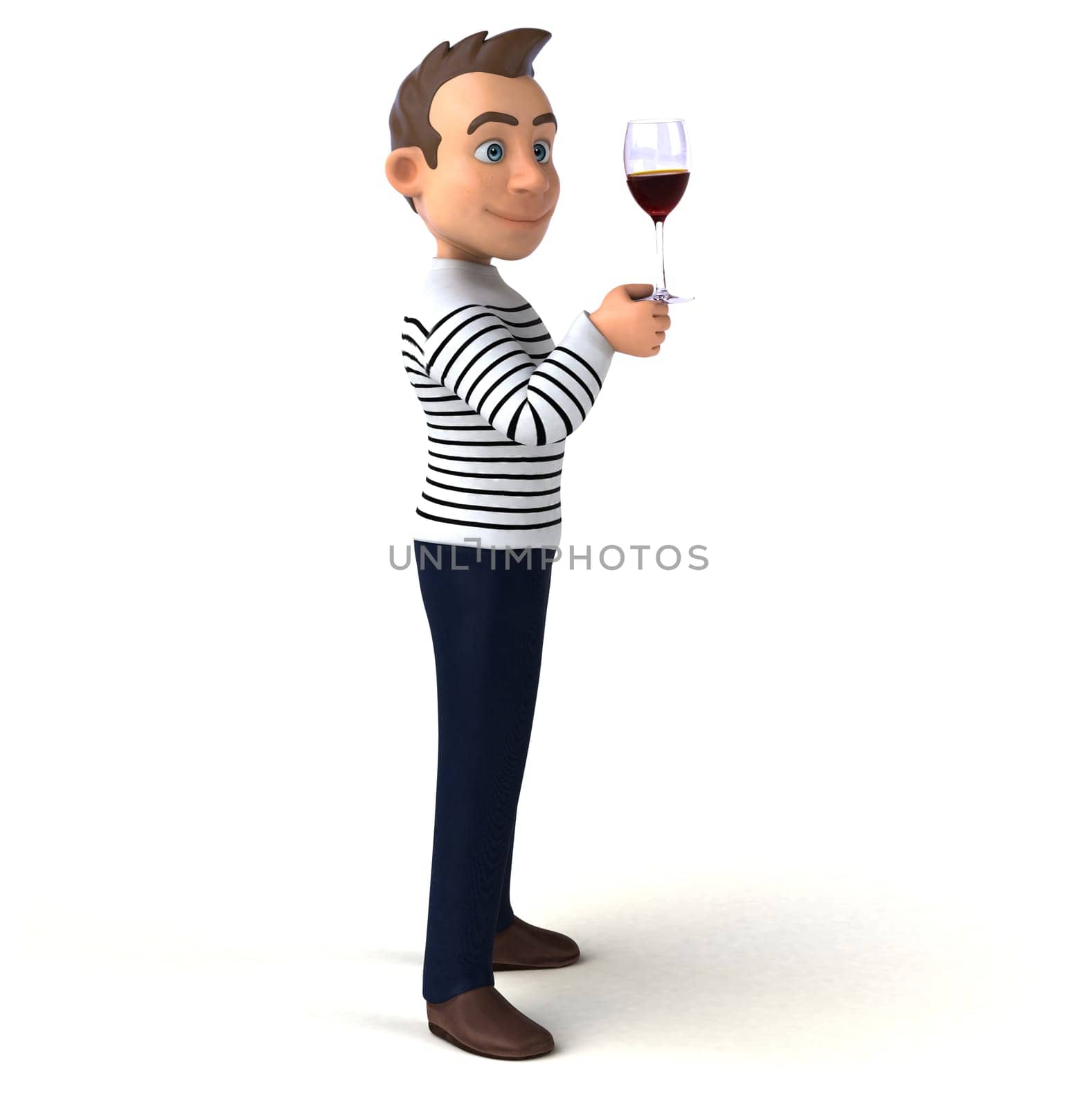 Fun 3D illustration of a cartoon character with a glass of wine
