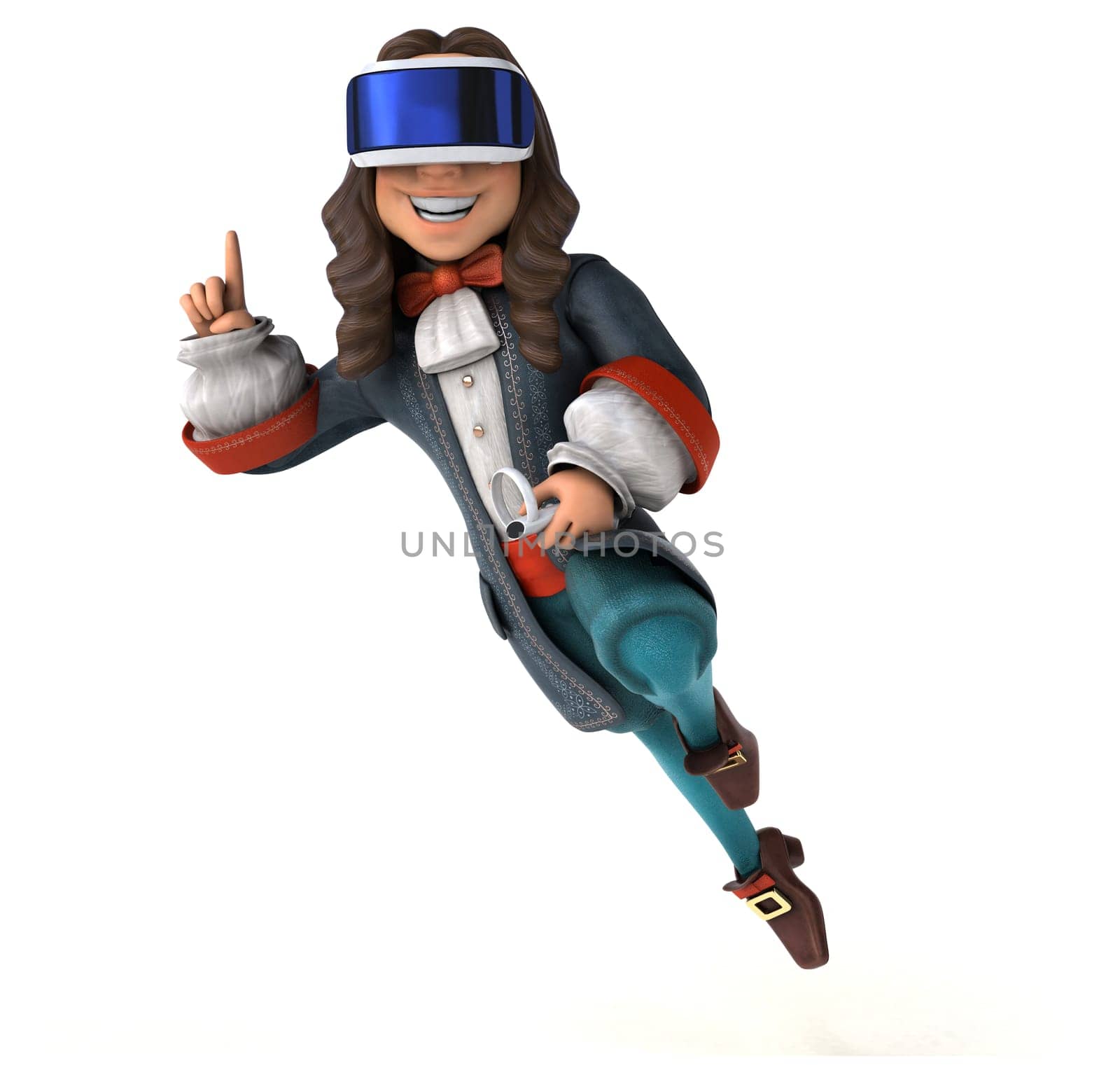 Fun 3D Illustration of a baroque gentleman with a VR Helmet