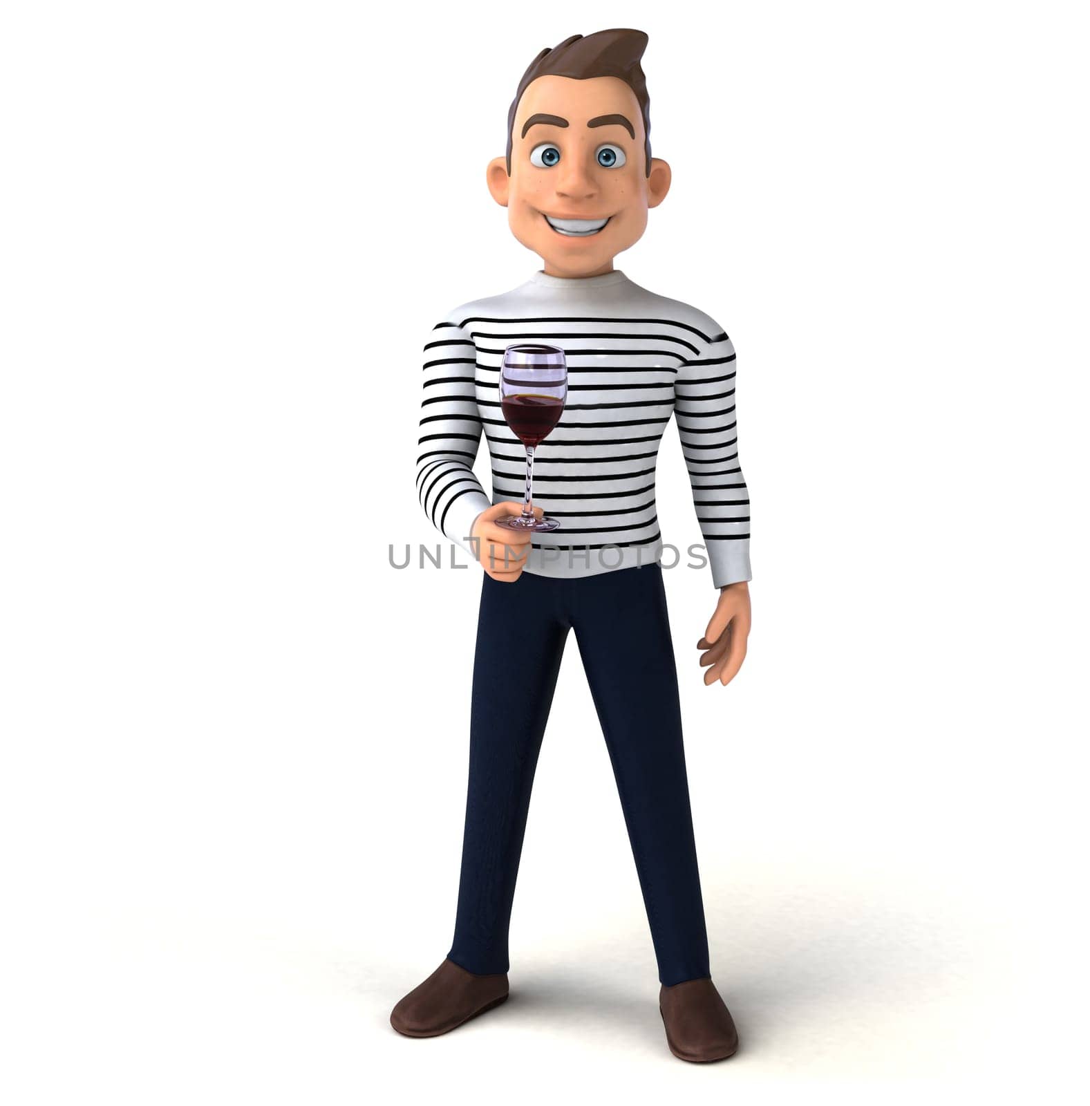 Fun 3D illustration of a cartoon character with a glass of wine