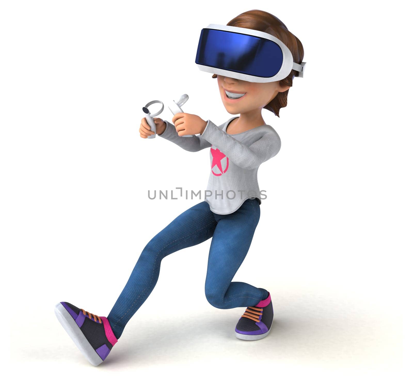 Fun 3D Illustration of a teenage girl with a VR Helmet