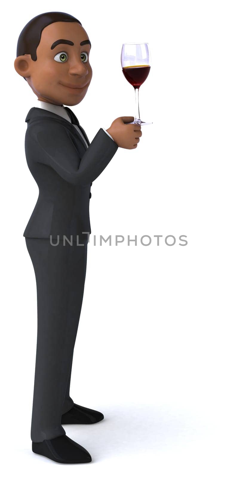 Fun 3D illustration of a cartoon character with a glass of wine