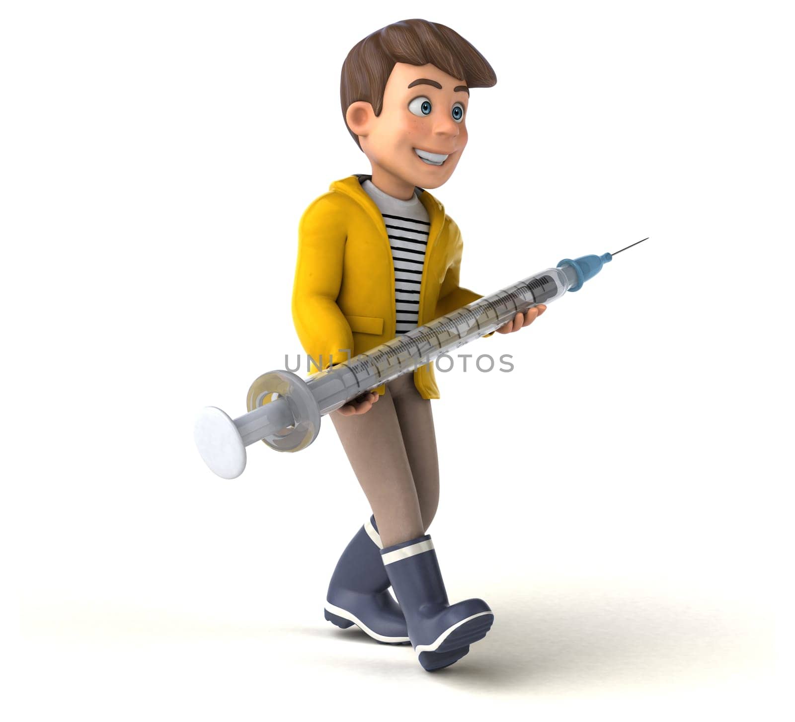 Fun 3D Illustration of a cartoon kid with rain gear
