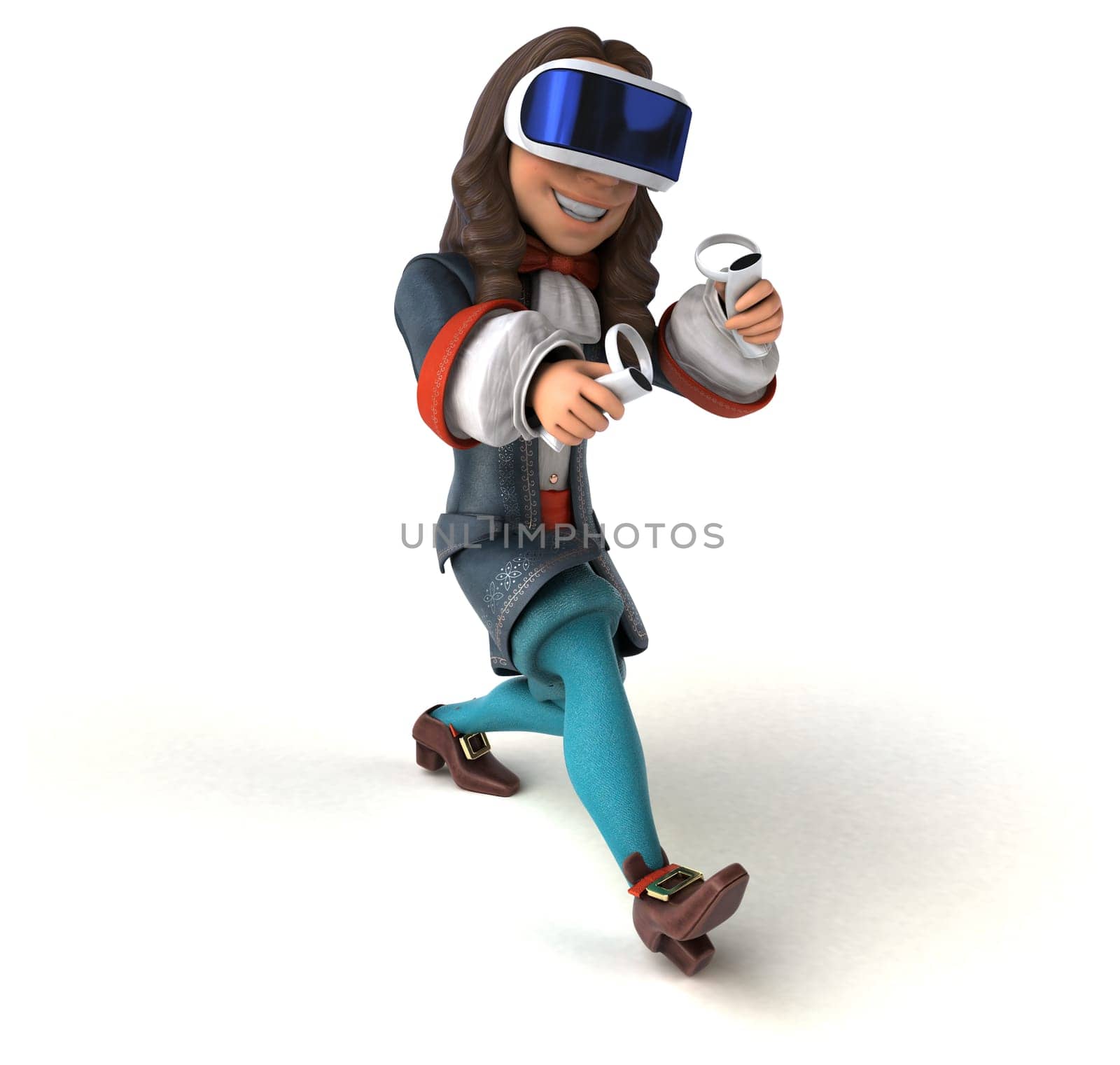 Fun 3D Illustration of a baroque gentleman with a VR Helmet
