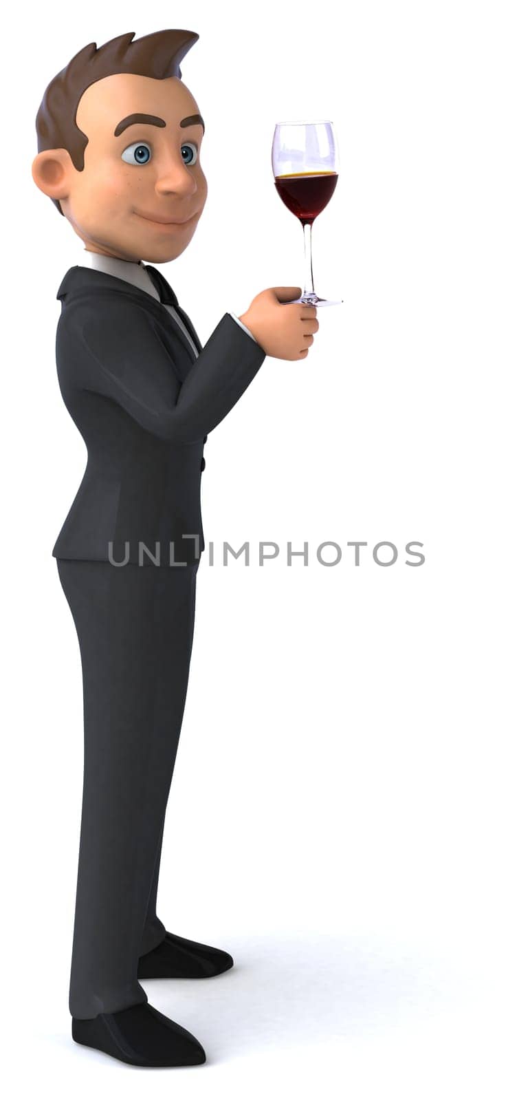 Fun 3D illustration of a cartoon character with a glass of wine