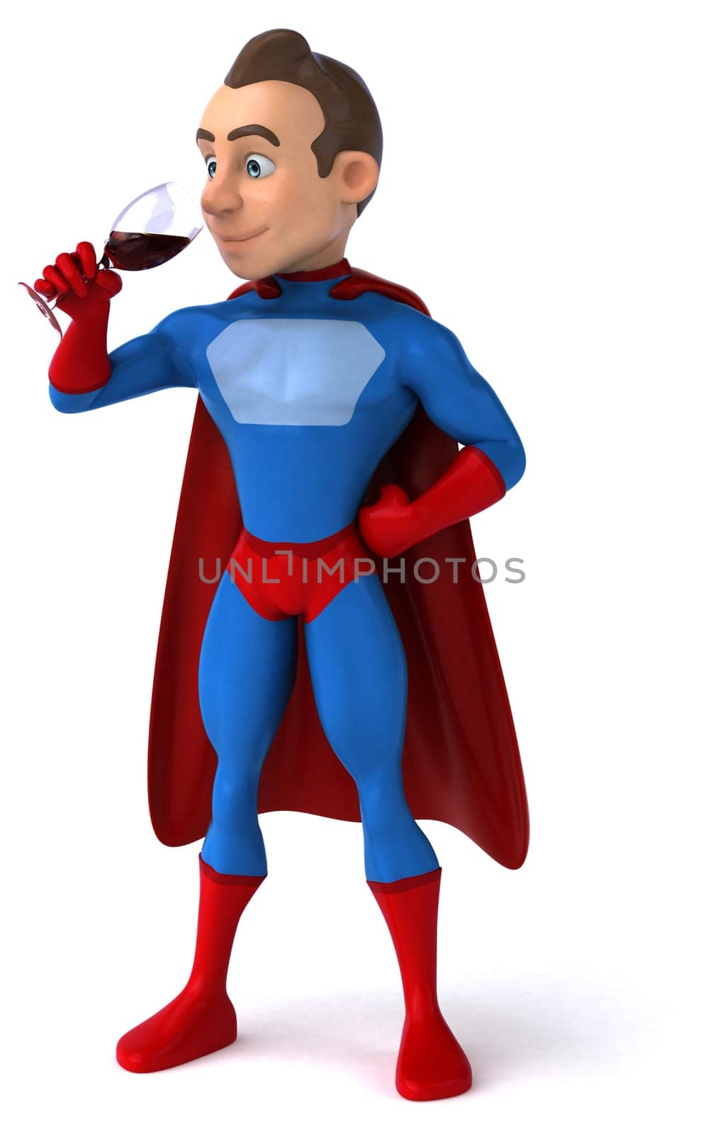 Fun 3D illustration of a cartoon character with a glass of wine