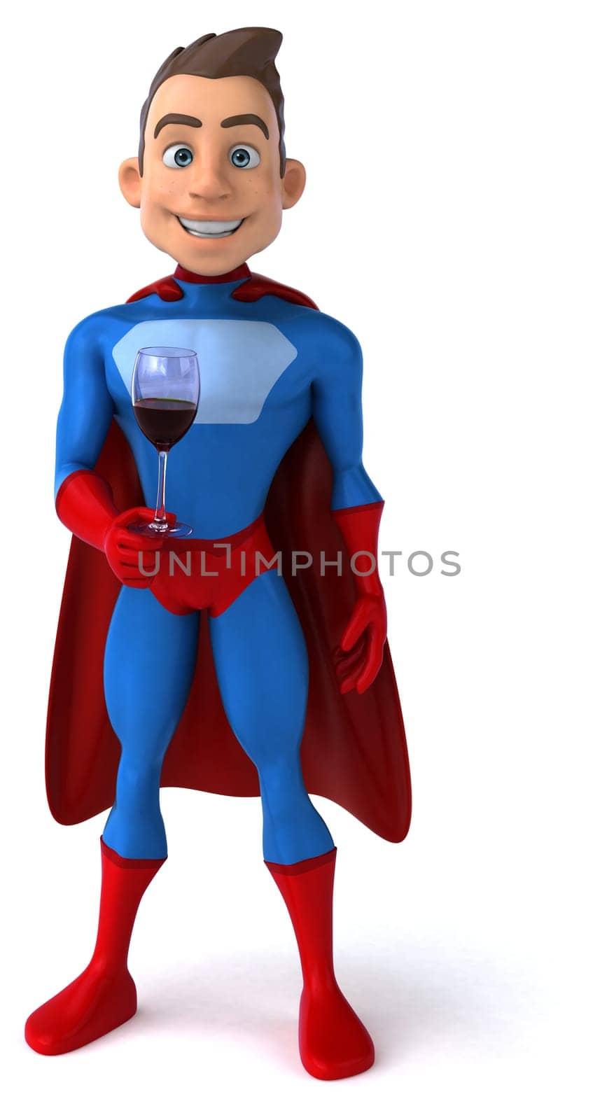 Fun 3D illustration of a cartoon character with a glass of wine