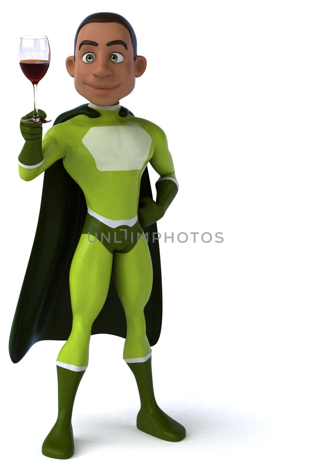 Fun 3D illustration of a cartoon character with a glass of wine