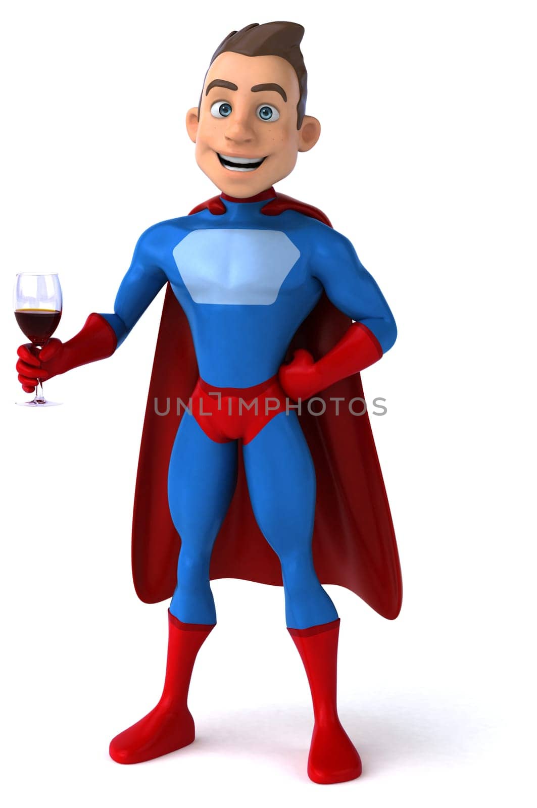 Fun 3D illustration of a cartoon character with a glass of wine