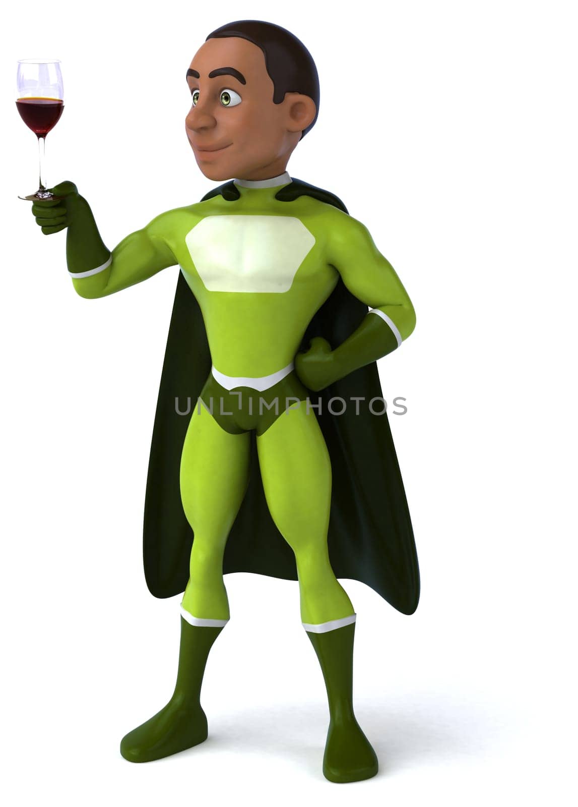 Fun 3D illustration of a cartoon character with a glass of wine
