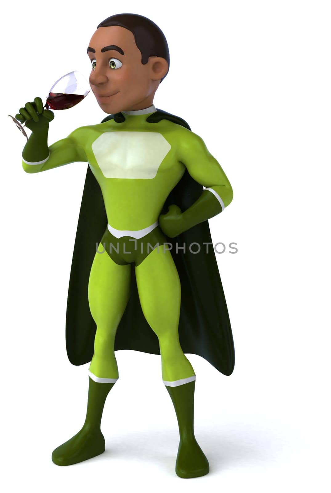 Fun 3D illustration of a cartoon character with a glass of wine