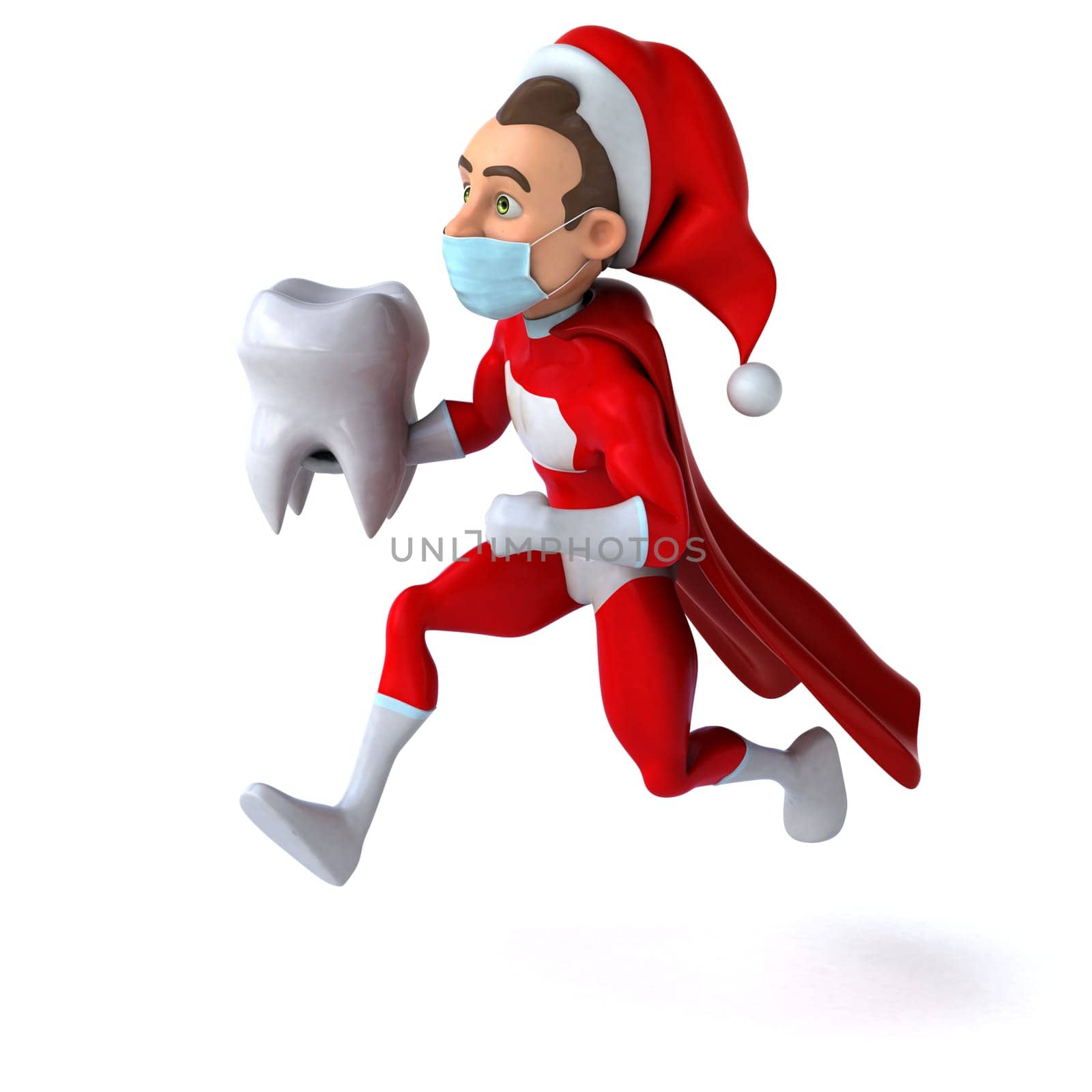 Fun 3D illustration of a cartoon Santa Claus with a mask