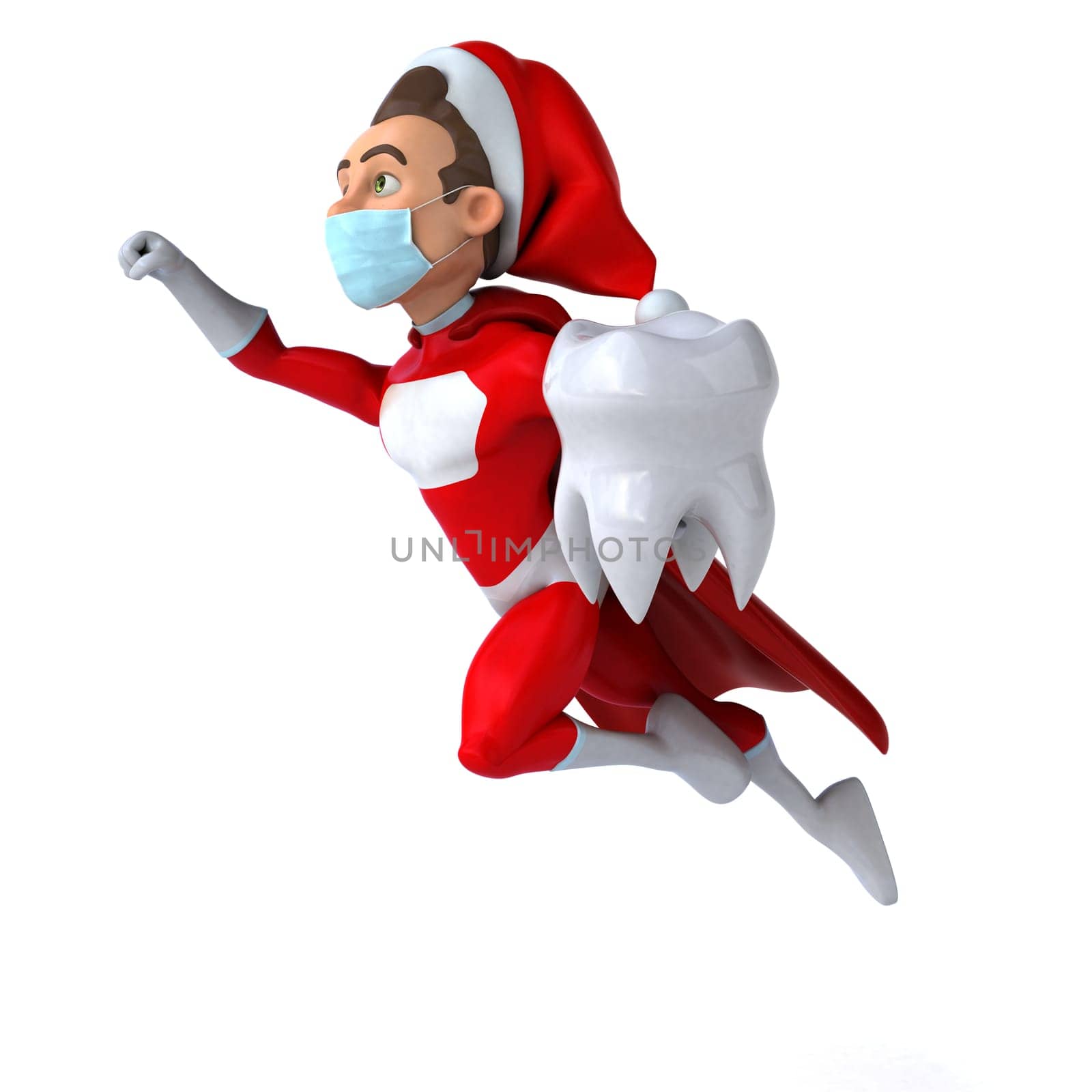 Fun 3D illustration of a cartoon Santa Claus with a mask