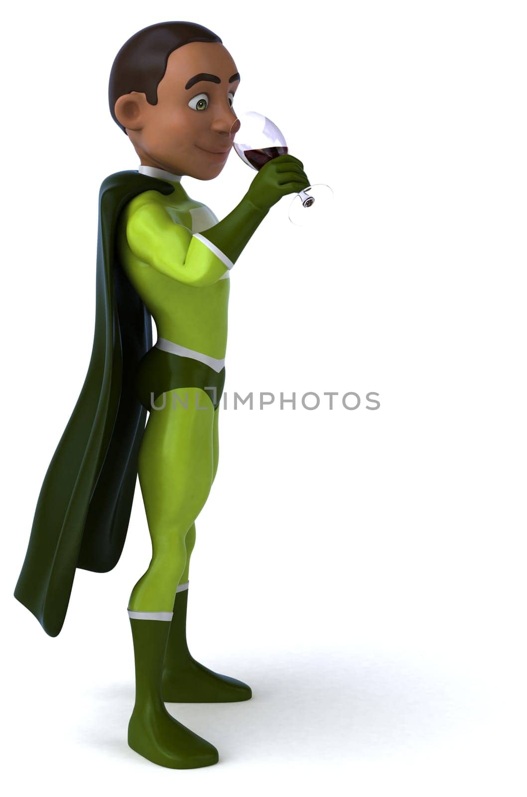 Fun 3D illustration of a cartoon character with a glass of wine