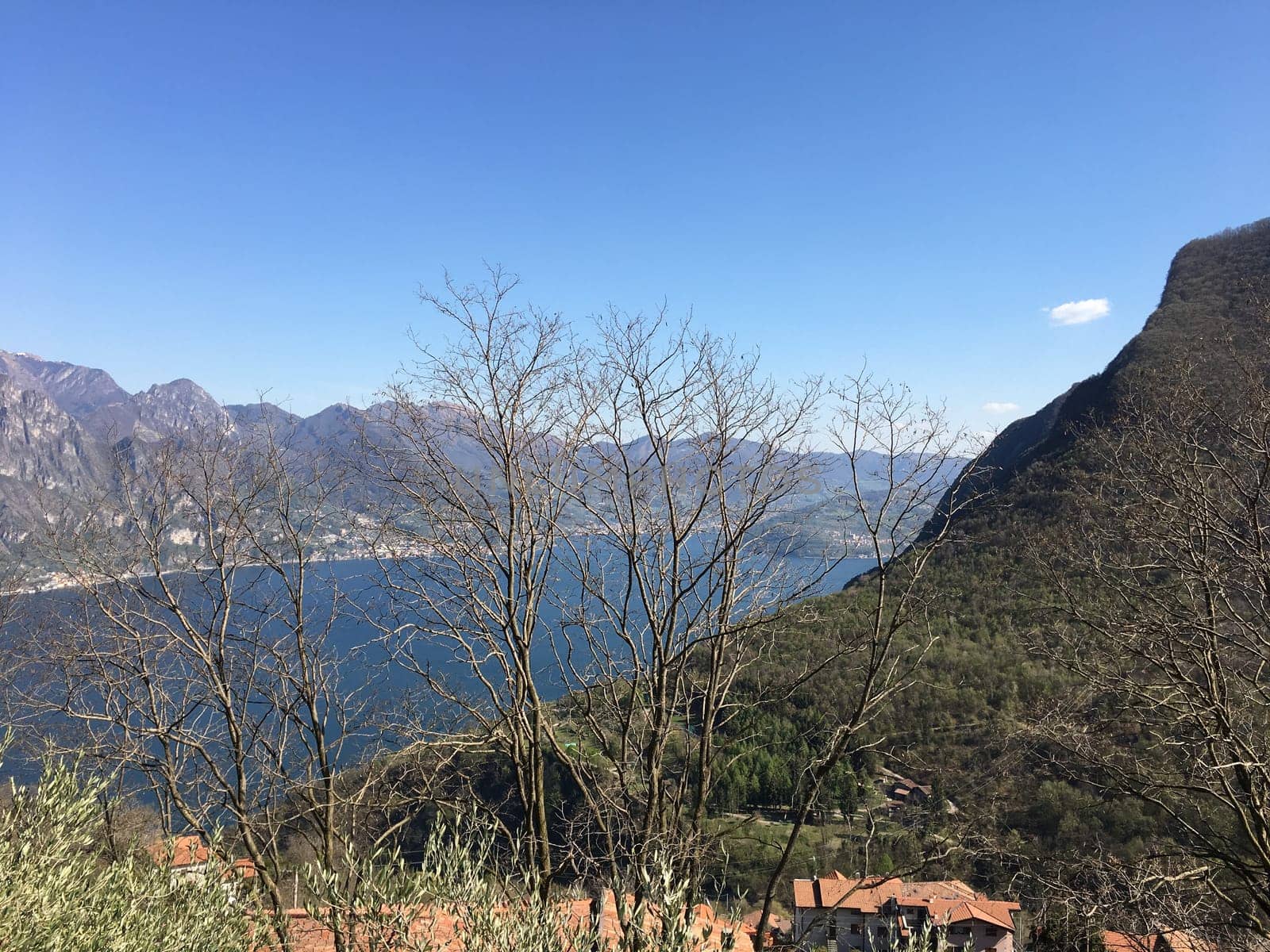 Aerial view of Monte Isola on lake Iseo. Amazing italian landscape. Fonteno (BG), ITALY - April 08, 2021.