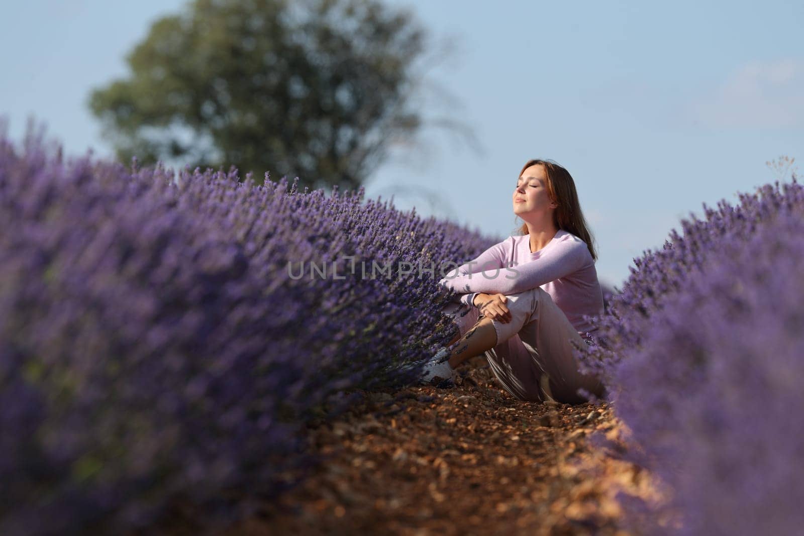 Relaxed woman resting sitting in a lavender field with closed eyes