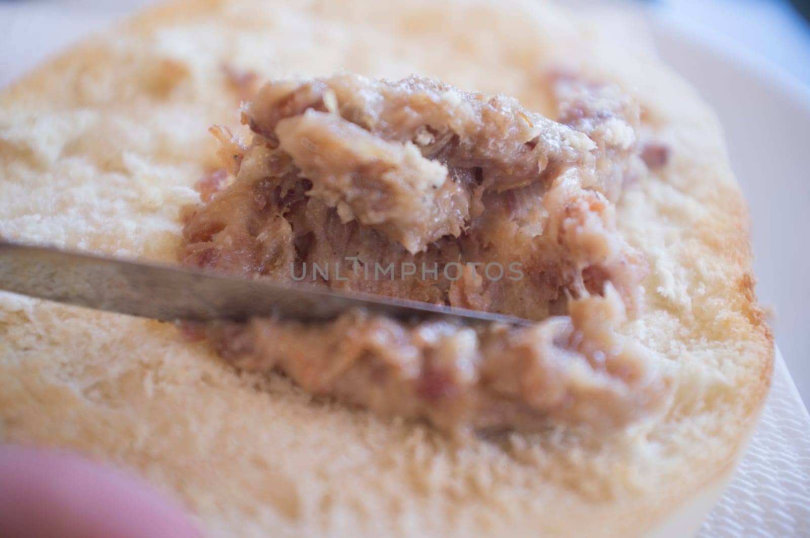 Loin zurrapa pate or lard with pork flakes been spreaded by knife. Selective focus