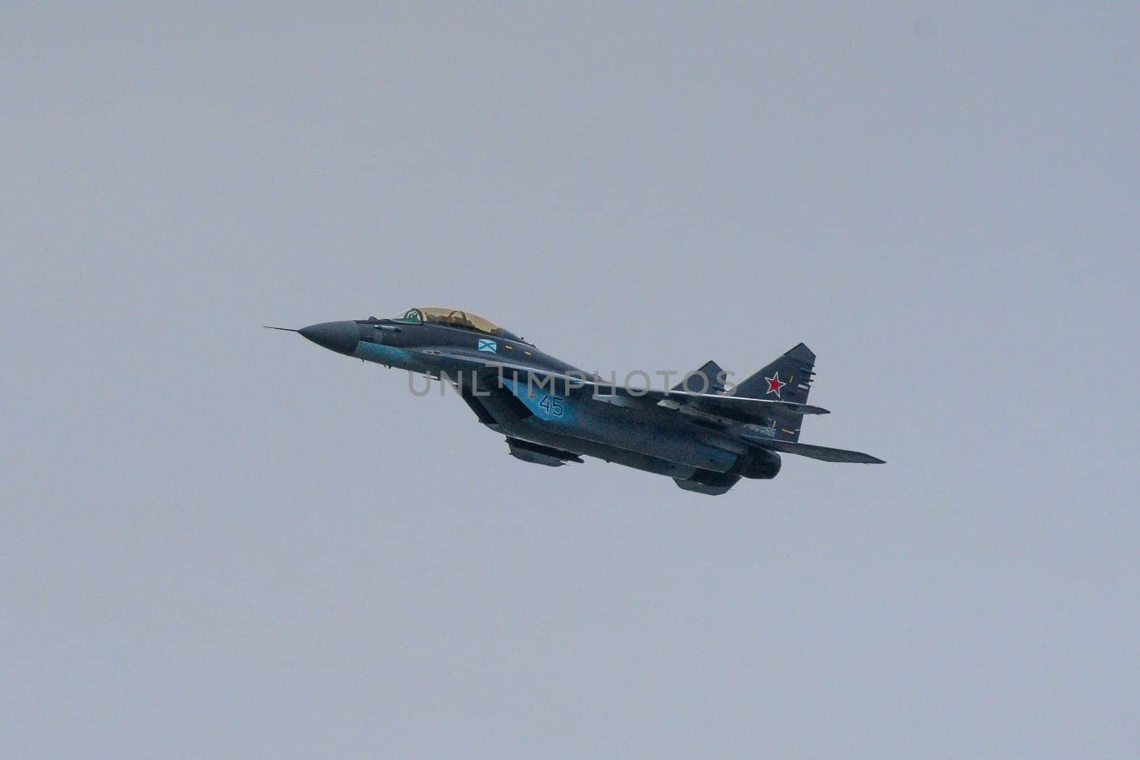 St. Petersburg, Russia, July 25, 2021 military parade fighter Su-30SM naval aviation of the Russian Navy in flight