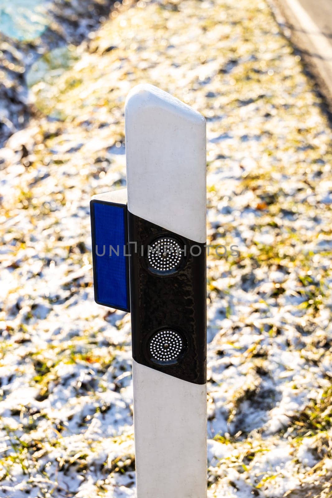 Road Marker in detail with snowy background