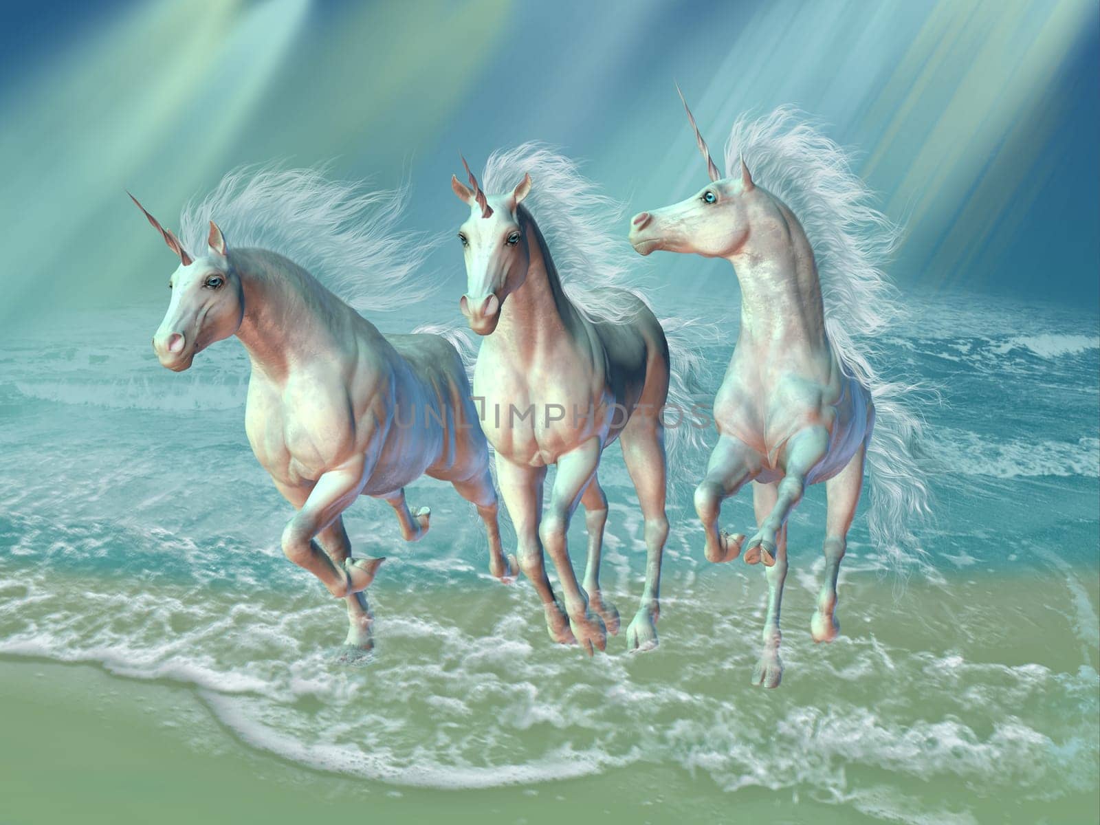 A herd of unicorns gallop through the waves as sunrays shine down on the ocean.