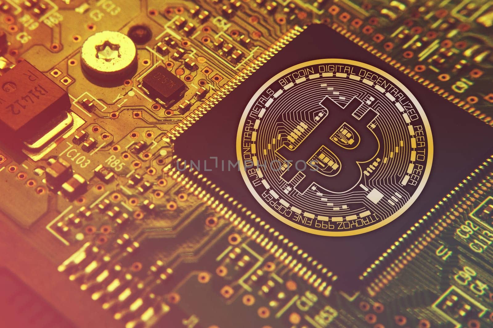 Bitcoin concept - Printed circuit board with bitcoin processor and microchips illustration