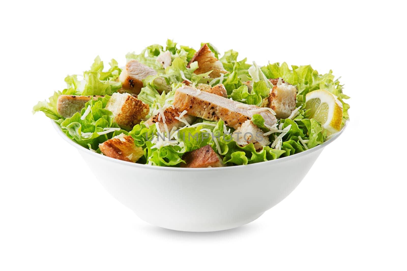 Chicken Salad. Chicken Caesar Salad. Caesar Salad with grilled chicken and croutons. Grilled chicken breast and fresh green salad isolated on white