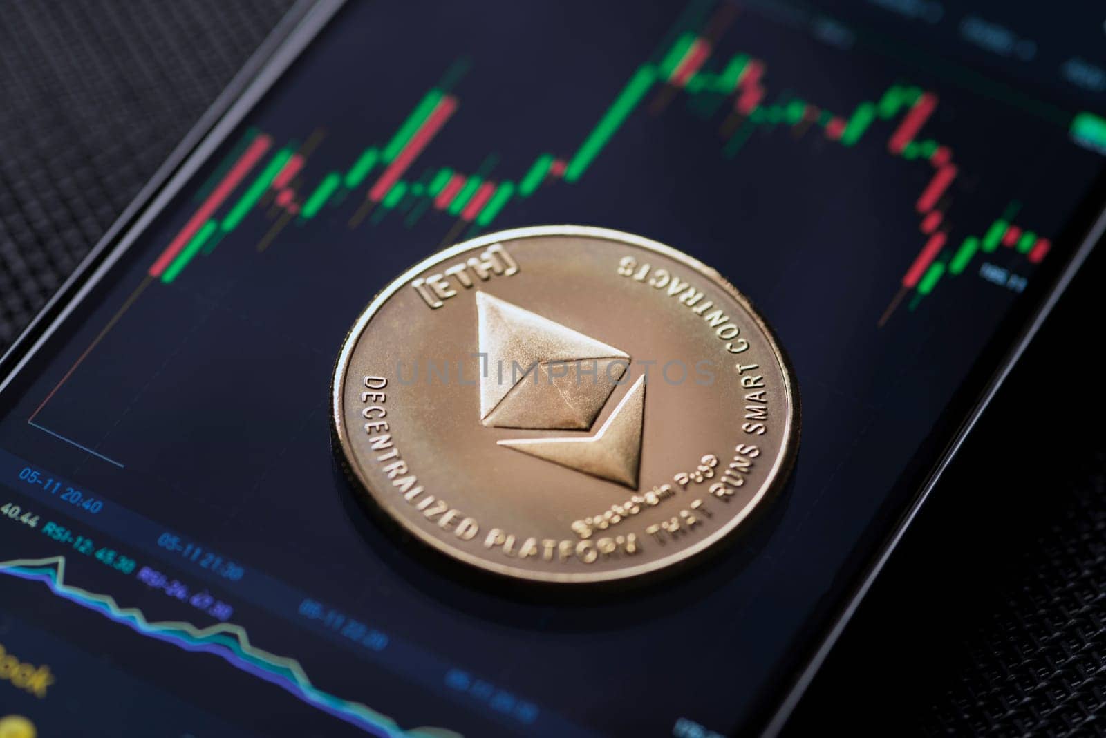 Ethereum cryptocurrency trading on smartphone close up