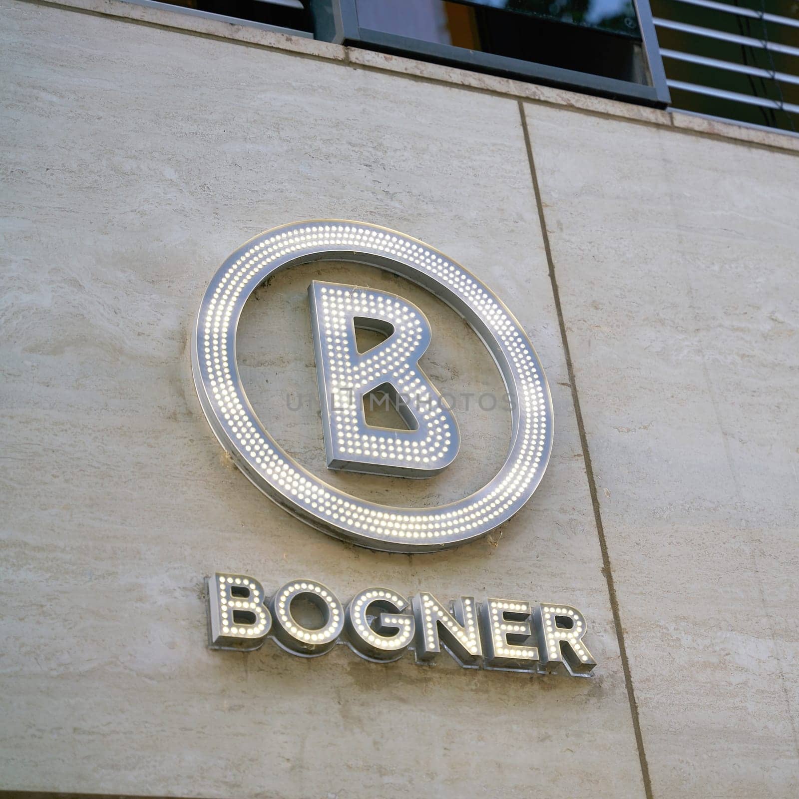 Logo of the luxury brand Bogner on a facade on Kurfuerstendamm in Berlin