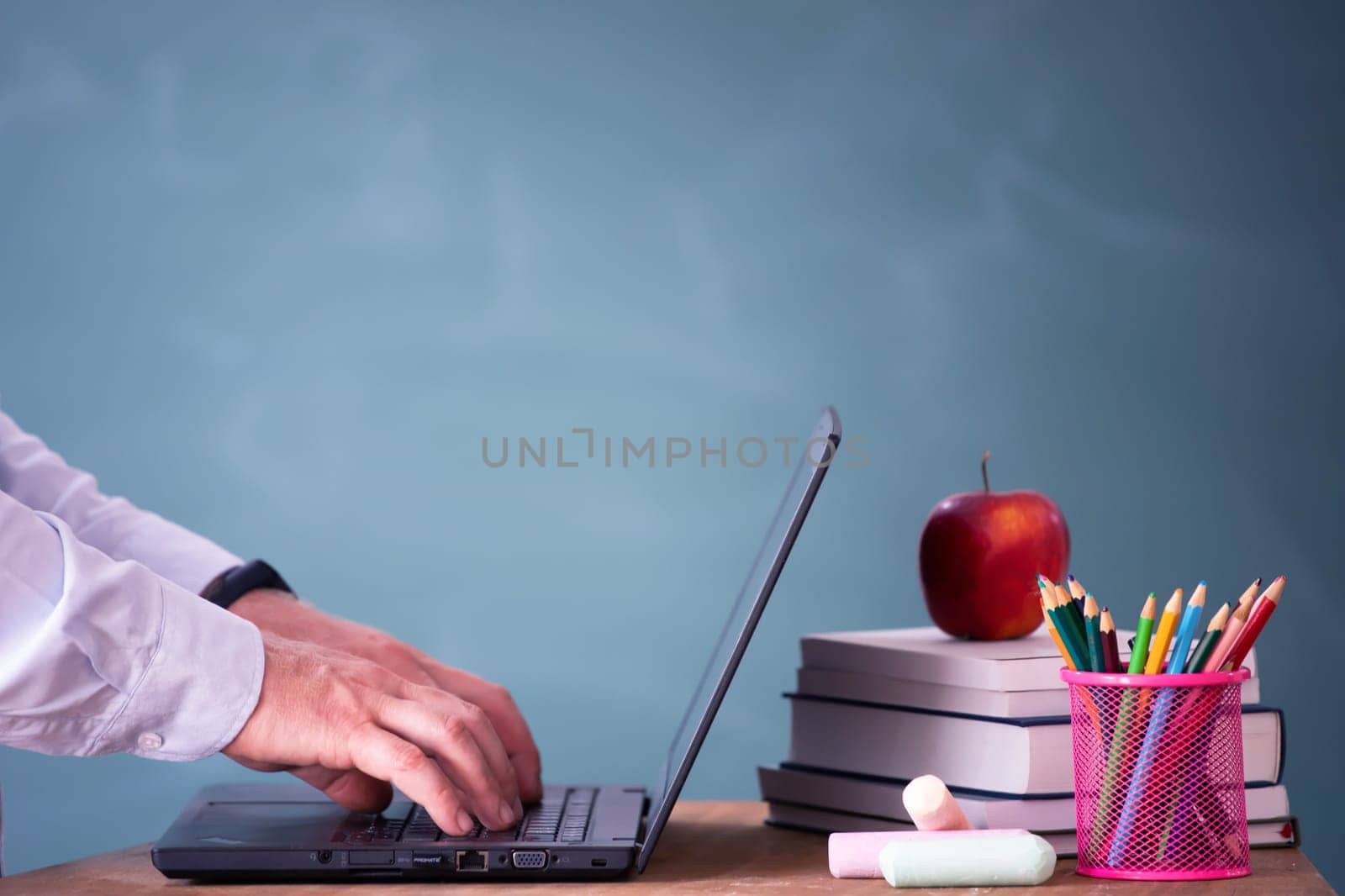 Back to School Concept. School math teacher giving virtual teaching remote class online lesson by zoom conference call on laptop computer.
