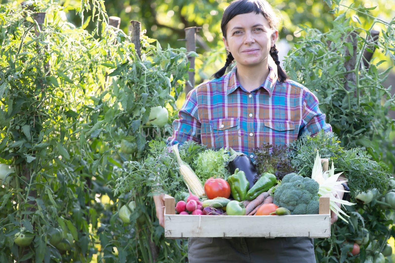 Farmer woman holding wooden box full of fresh raw vegetables. Growing organic food concept