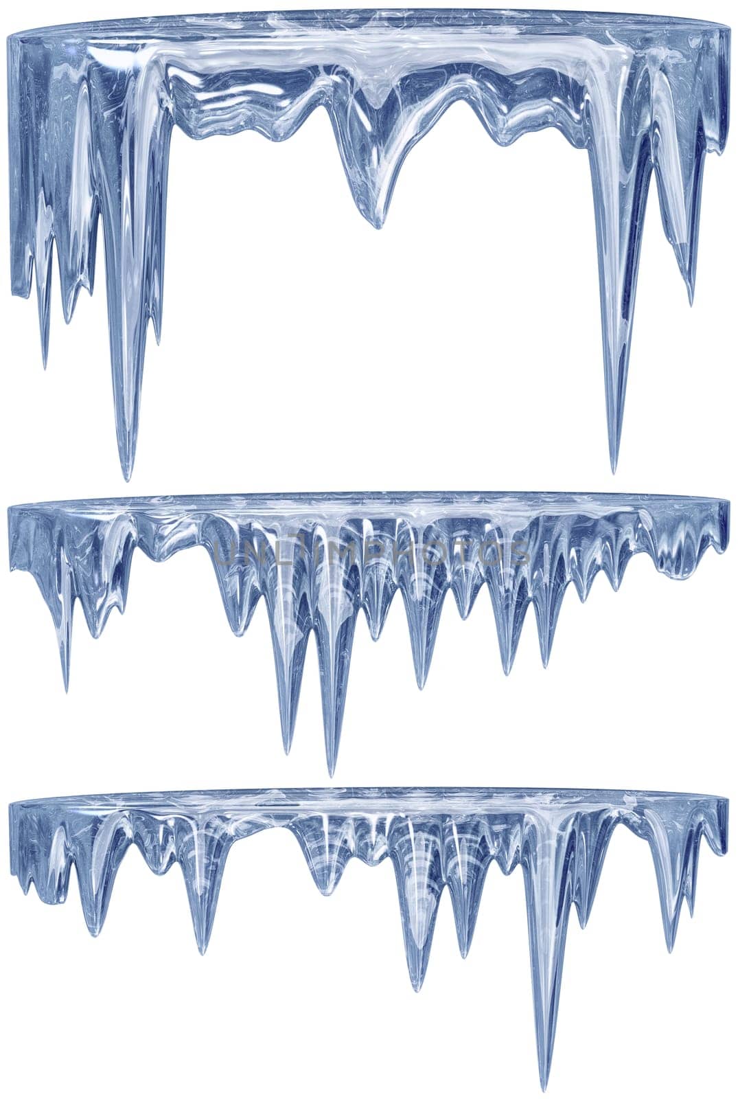 set of hanging thawing and melting blue dripping icicles, as a shiny crystal glass, with crisp spikes in icy winter season time from freezer make around arctic frost with icing on the scene