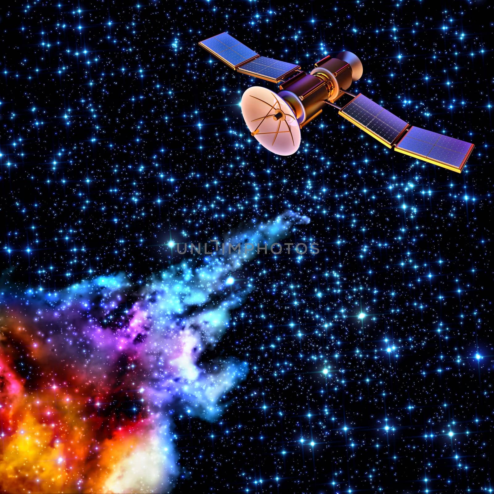 3D model of an artificial satellite of the Earth, equipped with solar panels and parabolic satellite communications antenna against the old nebula's background